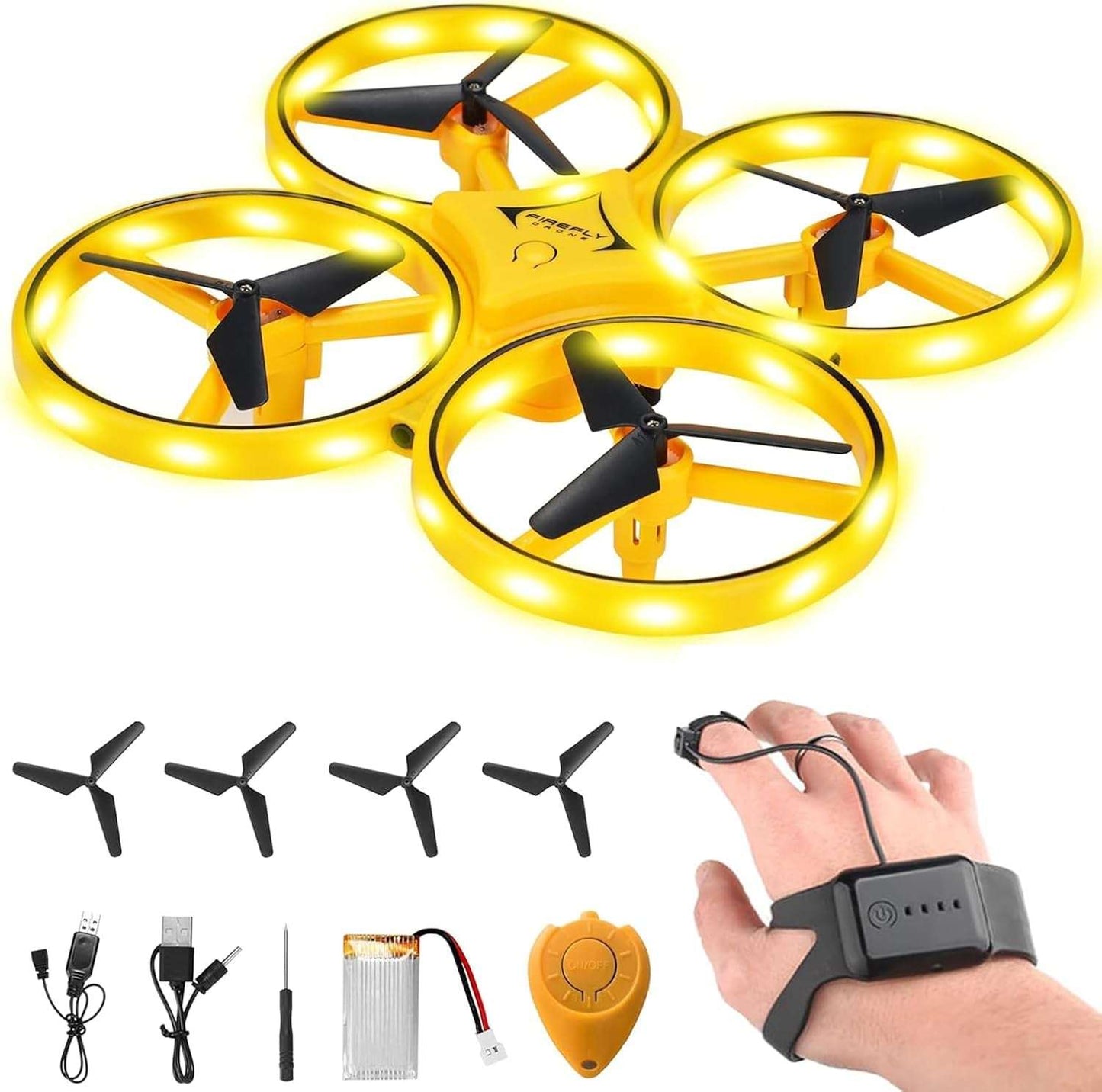 2025 Upgraded Hand Controlled Drone for Kids,Somatosensory Aircraft with Smart Watch Controlled, Gesture Sensing Aircraft Cool LED Remote Control Drone 360° Flips,Quadcopter,Toys Gifts for Boys and Girls 1-Yellow