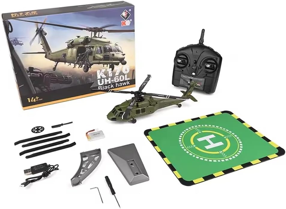 K170 UH60L RC Helicopter with 6-Axis Gyro, 2.4G 4CH Remote Controlled Helicopter Military Aircraft Brushless Motor 6G Altitude Hovering for Adults Beginners