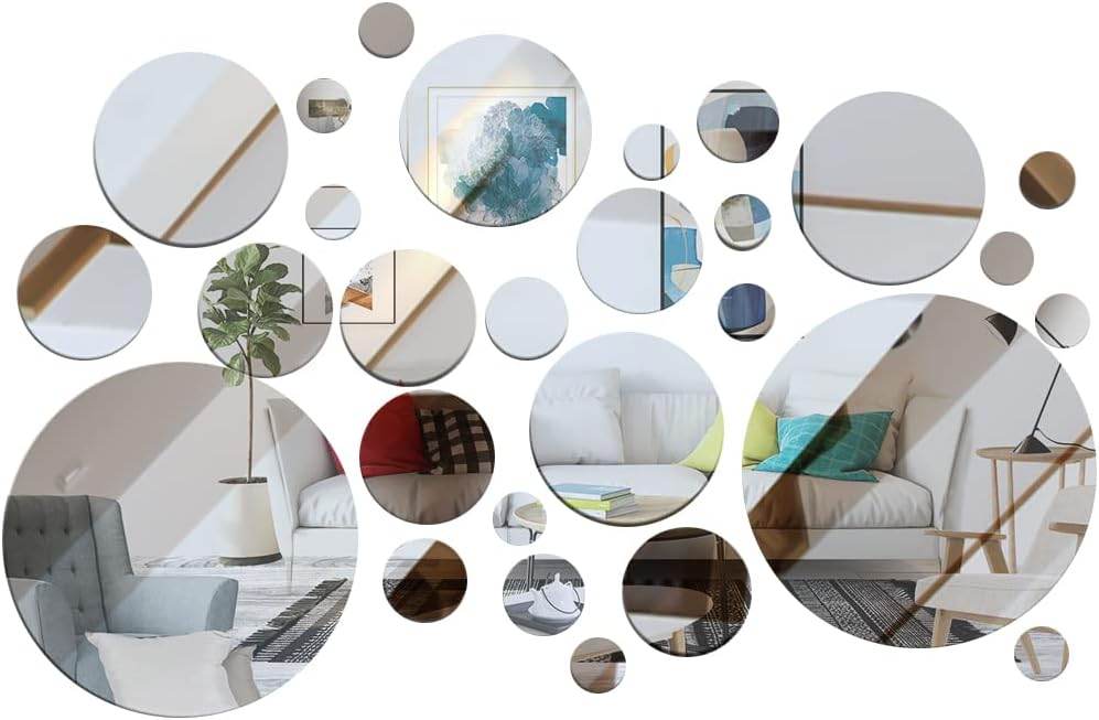 32 Pcs Acrylic Mirror Wall Stickers, Removable Wall Decal Mirror Set, Bathroom Wall Sticker Art, Circle Ceiling Mirrors for Bedroom, Home, Living Room, Sofa TV Background Decor (Small) Large