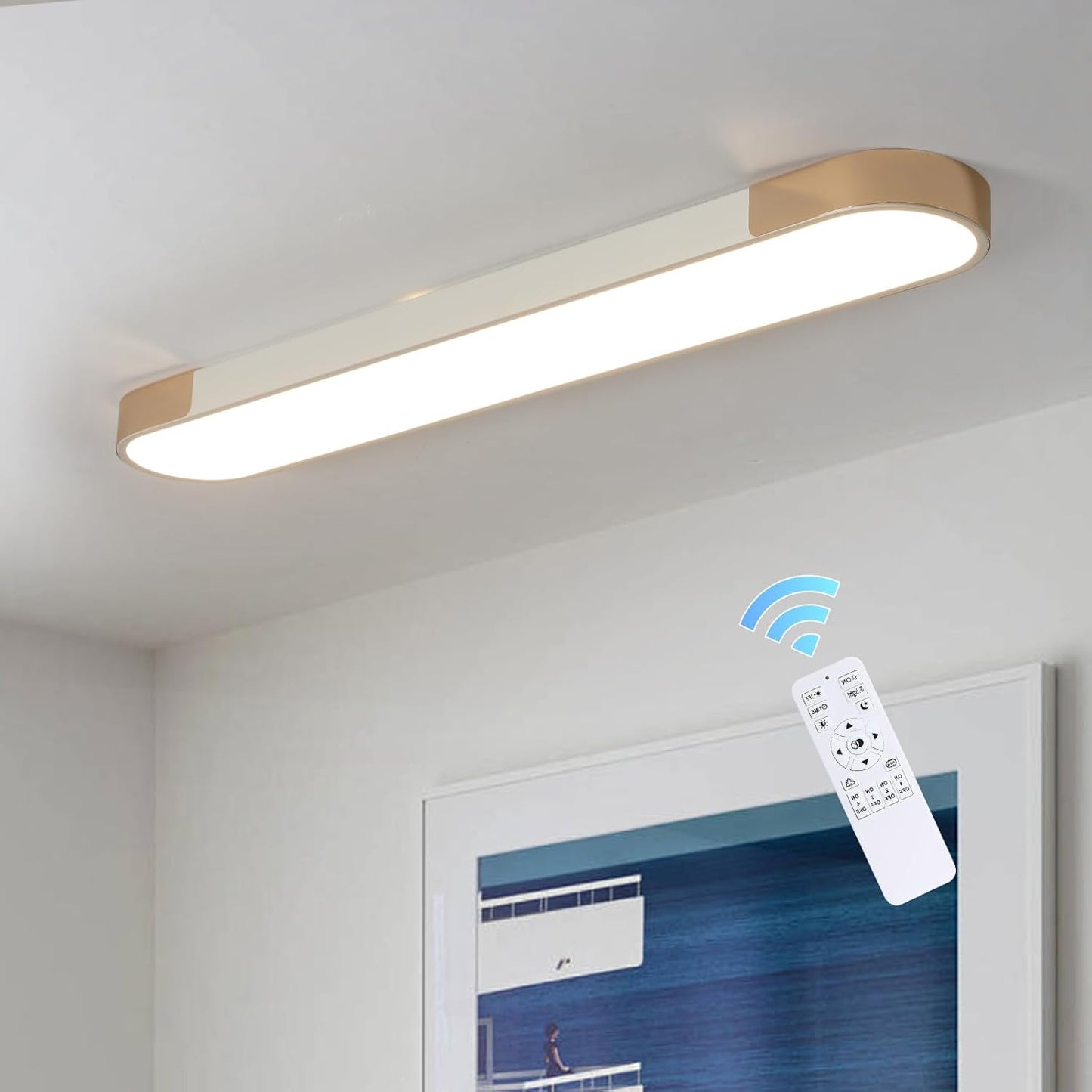 Qcyuui Linear Ceiling Light Modern LED Ceiling Lamp Dimmable Acrylic Ceiling Lighting Fixture with Remote Control for Kitchen Dining Room Cloakroom Hallway(48W/43.3In L) White And Gold