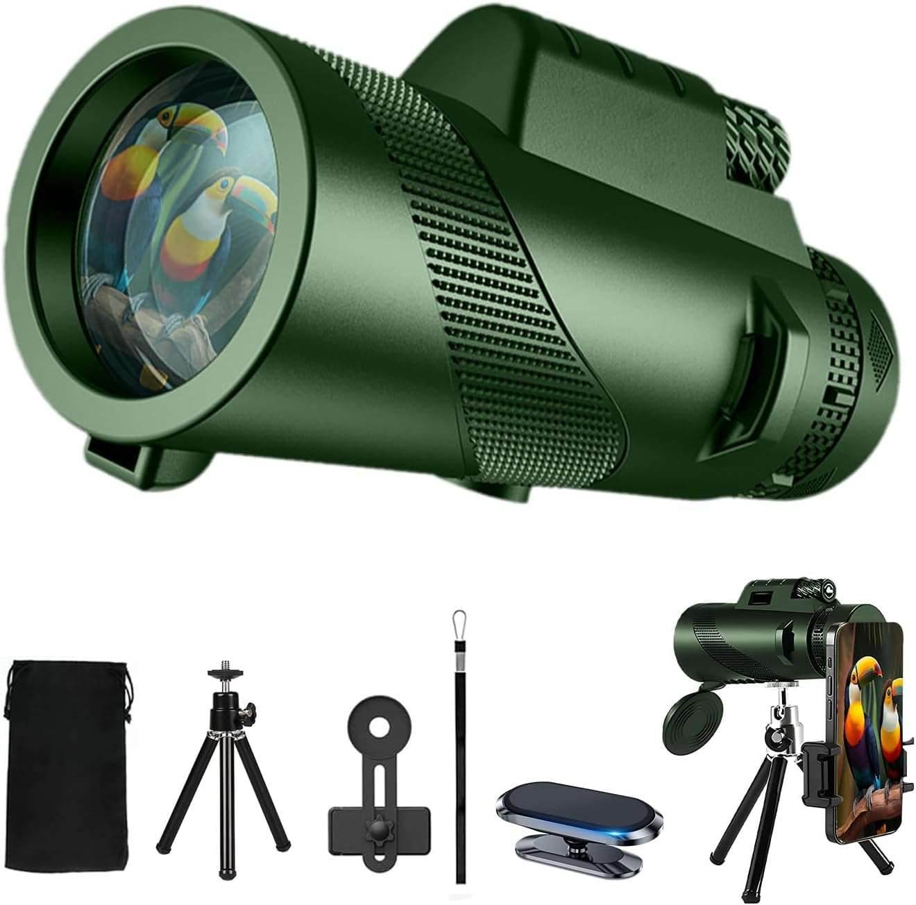 80X100 Monocular Telescope High Power with Smartphone Holder & Tripod, High Definition Larger Vision Monocular for Adults for Bird Watching Hiking Camping Green