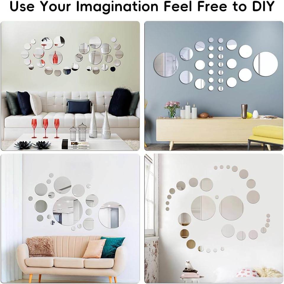 32 Pcs Acrylic Mirror Wall Stickers, Removable Wall Decal Mirror Set, Bathroom Wall Sticker Art, Circle Ceiling Mirrors for Bedroom, Home, Living Room, Sofa TV Background Decor (Small)