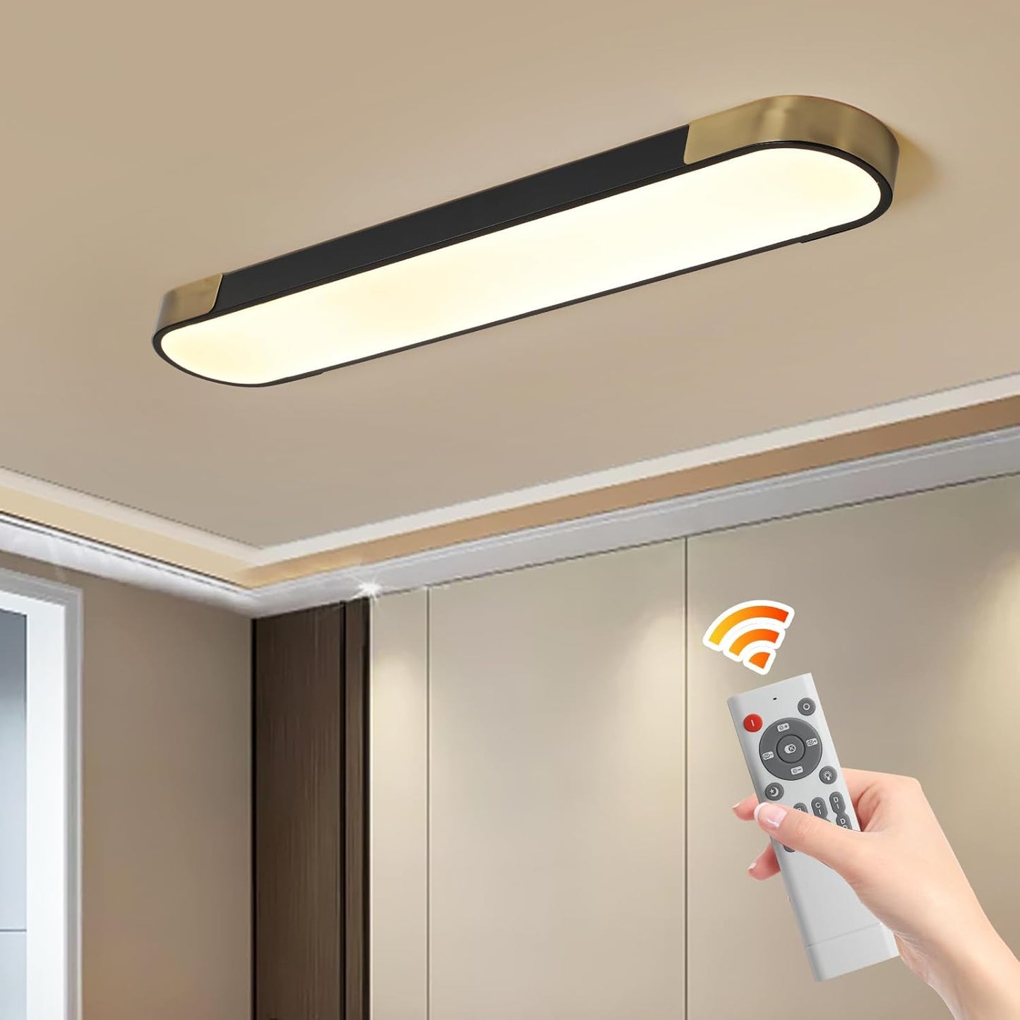 Qcyuui Linear Ceiling Light Modern LED Ceiling Lamp Dimmable Acrylic Ceiling Lighting Fixture with Remote Control for Kitchen Dining Room Cloakroom Hallway(48W/43.3In L) Black And Gold Dimm 48W 39.4In