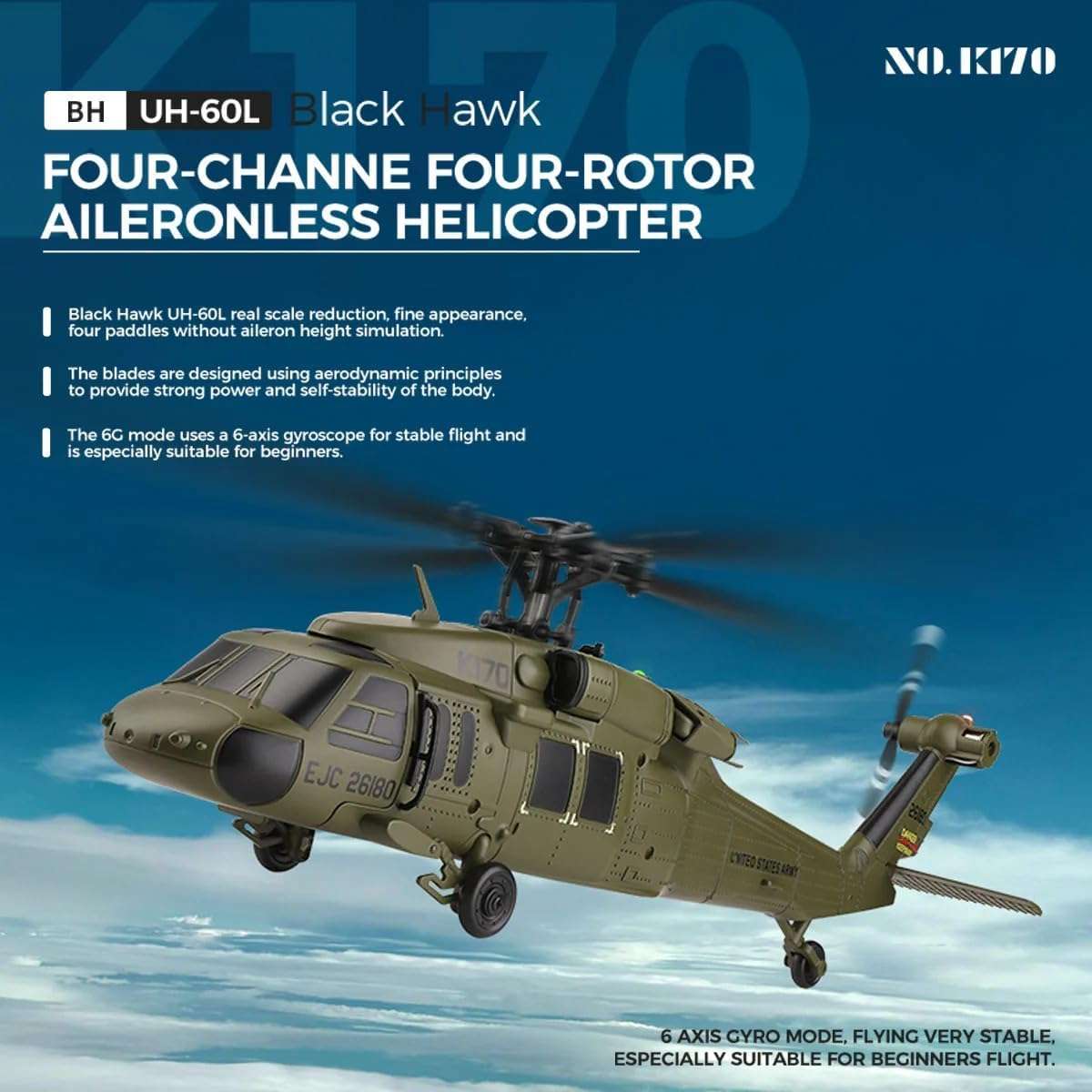 K170 UH60L RC Helicopter with 6-Axis Gyro, 2.4G 4CH Remote Controlled Helicopter Military Aircraft Brushless Motor 6G Altitude Hovering for Adults Beginners