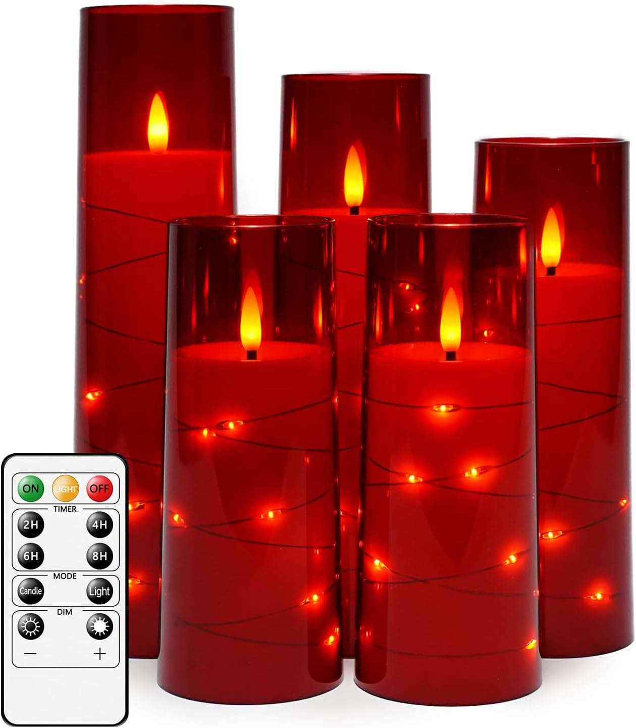 Flameless LED Candles with Timer 5 Pc Flickering Flameless Candles for Romantic Ambiance and Home Decoration Stable Acrylic Shell,With Embedded Star String,Battery Operated Candles(Grey) Red