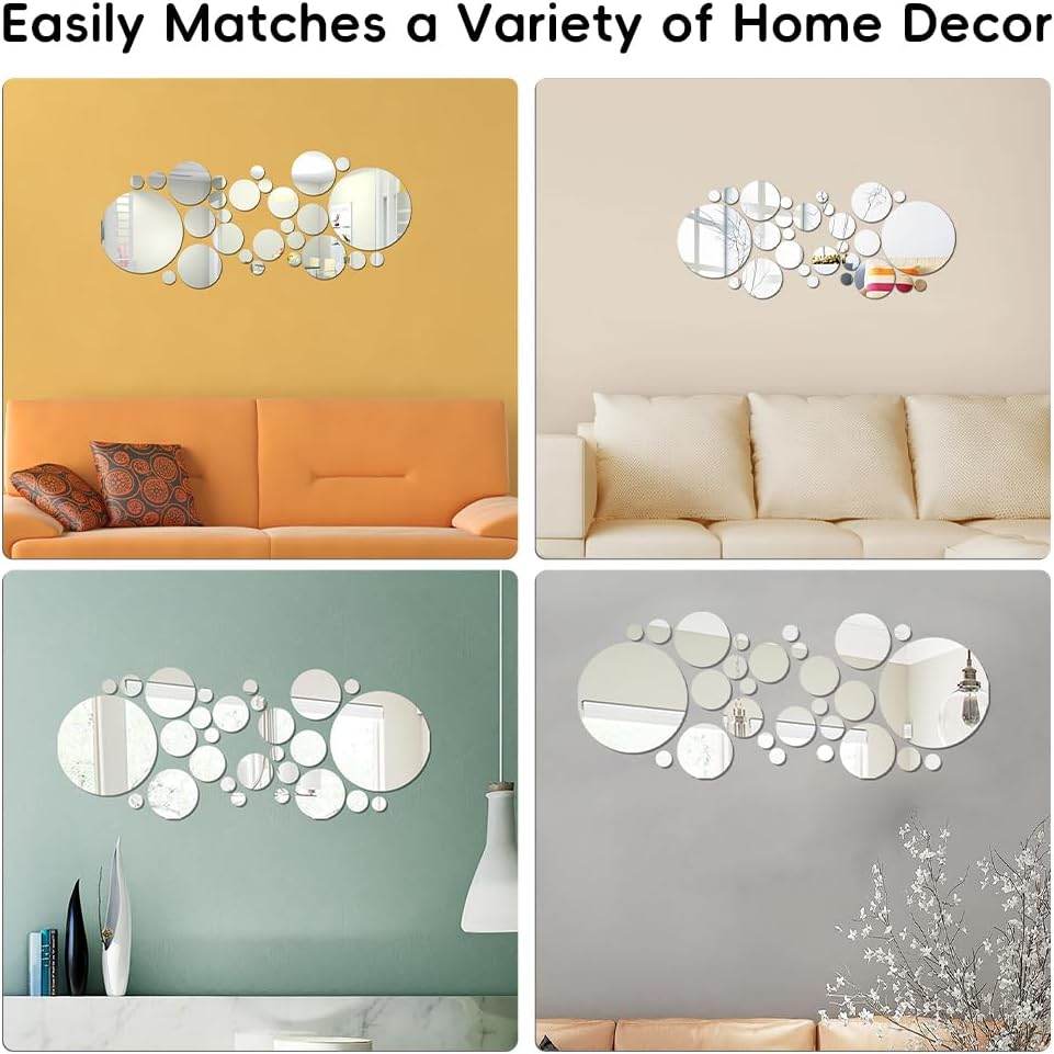 32 Pcs Acrylic Mirror Wall Stickers, Removable Wall Decal Mirror Set, Bathroom Wall Sticker Art, Circle Ceiling Mirrors for Bedroom, Home, Living Room, Sofa TV Background Decor (Small)