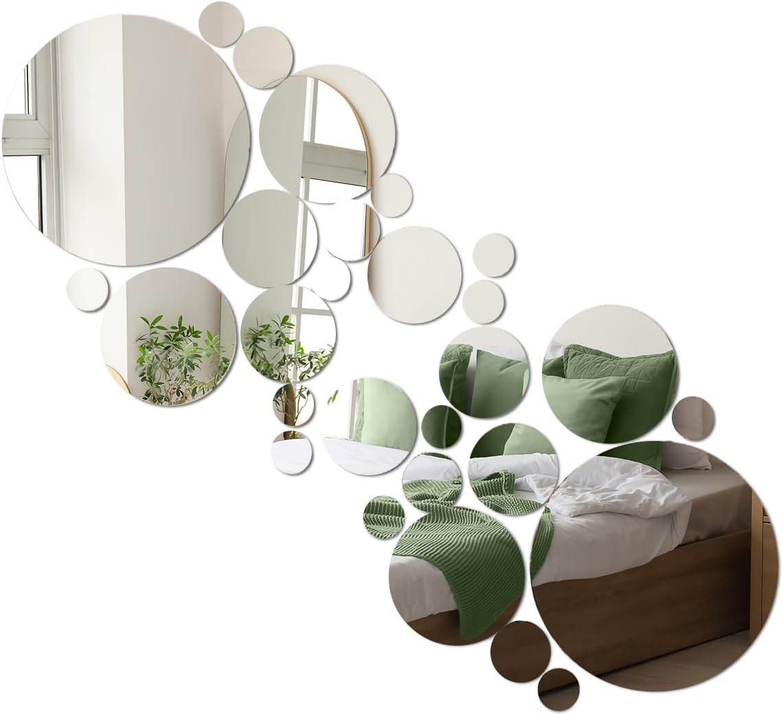32 Pcs Acrylic Mirror Wall Stickers, Removable Wall Decal Mirror Set, Bathroom Wall Sticker Art, Circle Ceiling Mirrors for Bedroom, Home, Living Room, Sofa TV Background Decor (Small) Medium