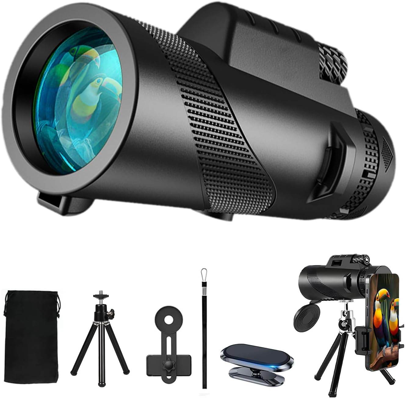 80X100 Monocular Telescope High Power with Smartphone Holder & Tripod, High Definition Larger Vision Monocular for Adults for Bird Watching Hiking Camping Black