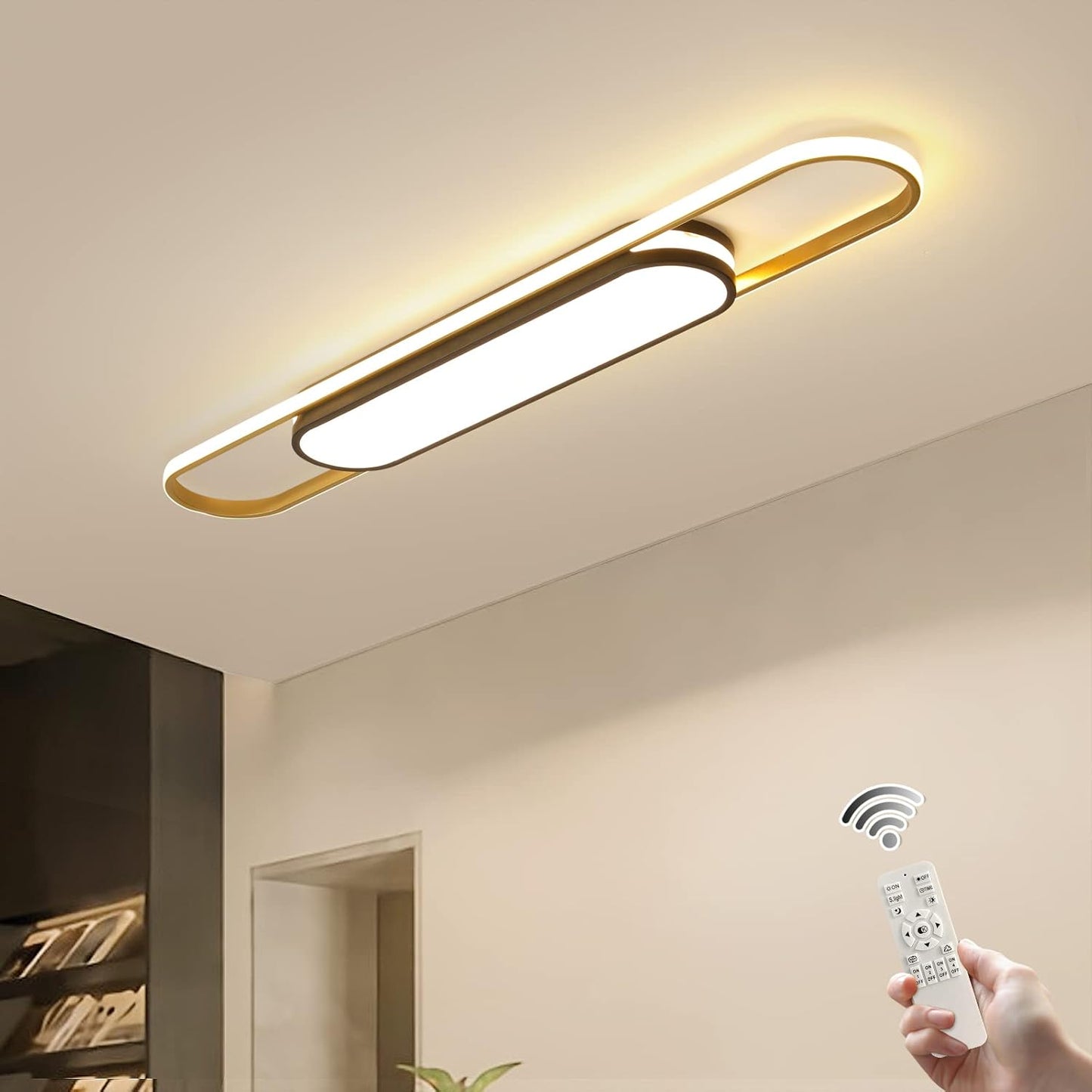 Qcyuui Linear Ceiling Light Modern LED Ceiling Lamp Dimmable Acrylic Ceiling Lighting Fixture with Remote Control for Kitchen Dining Room Cloakroom Hallway(48W/43.3In L) Black And Gold