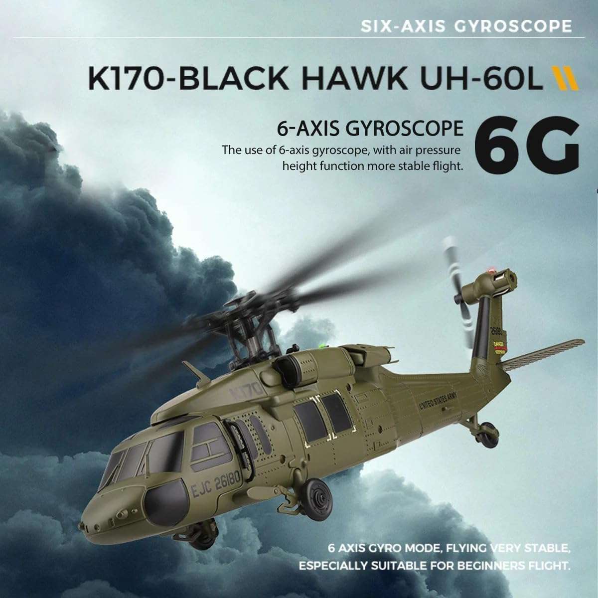K170 UH60L RC Helicopter with 6-Axis Gyro, 2.4G 4CH Remote Controlled Helicopter Military Aircraft Brushless Motor 6G Altitude Hovering for Adults Beginners