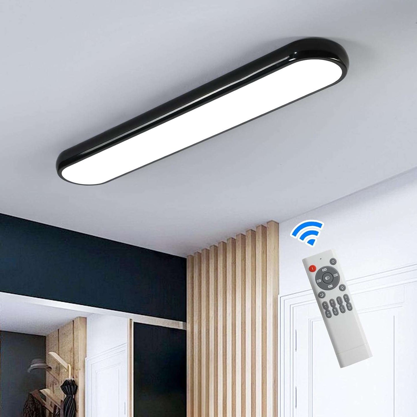 Qcyuui Linear Ceiling Light Modern LED Ceiling Lamp Dimmable Acrylic Ceiling Lighting Fixture with Remote Control for Kitchen Dining Room Cloakroom Hallway(48W/43.3In L) Black