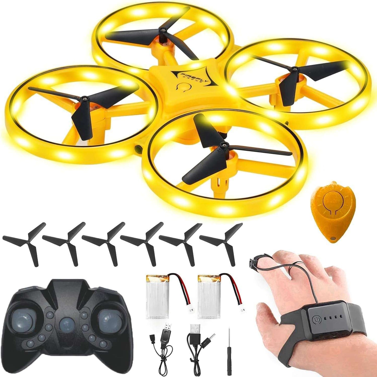 2025 Upgraded Hand Controlled Drone for Kids,Somatosensory Aircraft with Smart Watch Controlled, Gesture Sensing Aircraft Cool LED Remote Control Drone 360° Flips,Quadcopter,Toys Gifts for Boys and Girls 3-Yellow Extra Battery And Handle