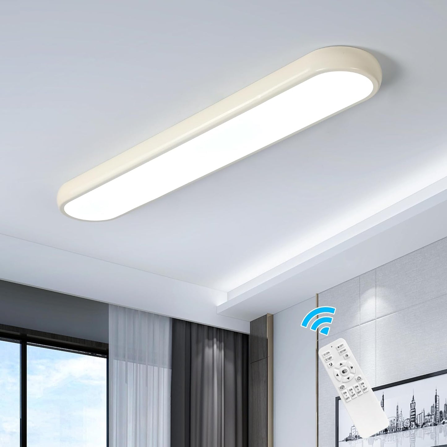 Qcyuui Linear Ceiling Light Modern LED Ceiling Lamp Dimmable Acrylic Ceiling Lighting Fixture with Remote Control for Kitchen Dining Room Cloakroom Hallway(48W/43.3In L) Cream