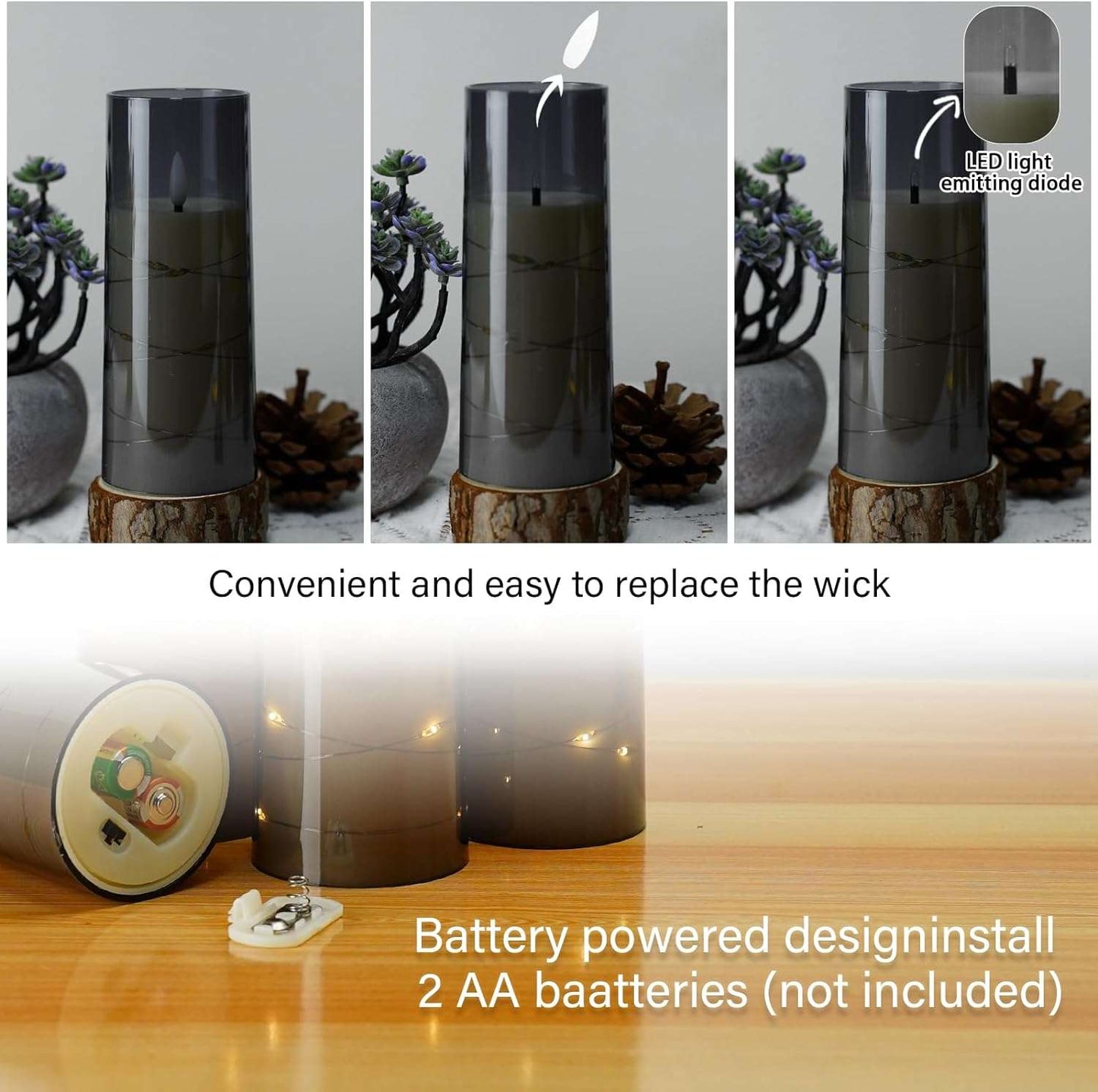 Flameless LED Candles with Timer 5 Pc Flickering Flameless Candles for Romantic Ambiance and Home Decoration Stable Acrylic Shell,With Embedded Star String,Battery Operated Candles(Grey)
