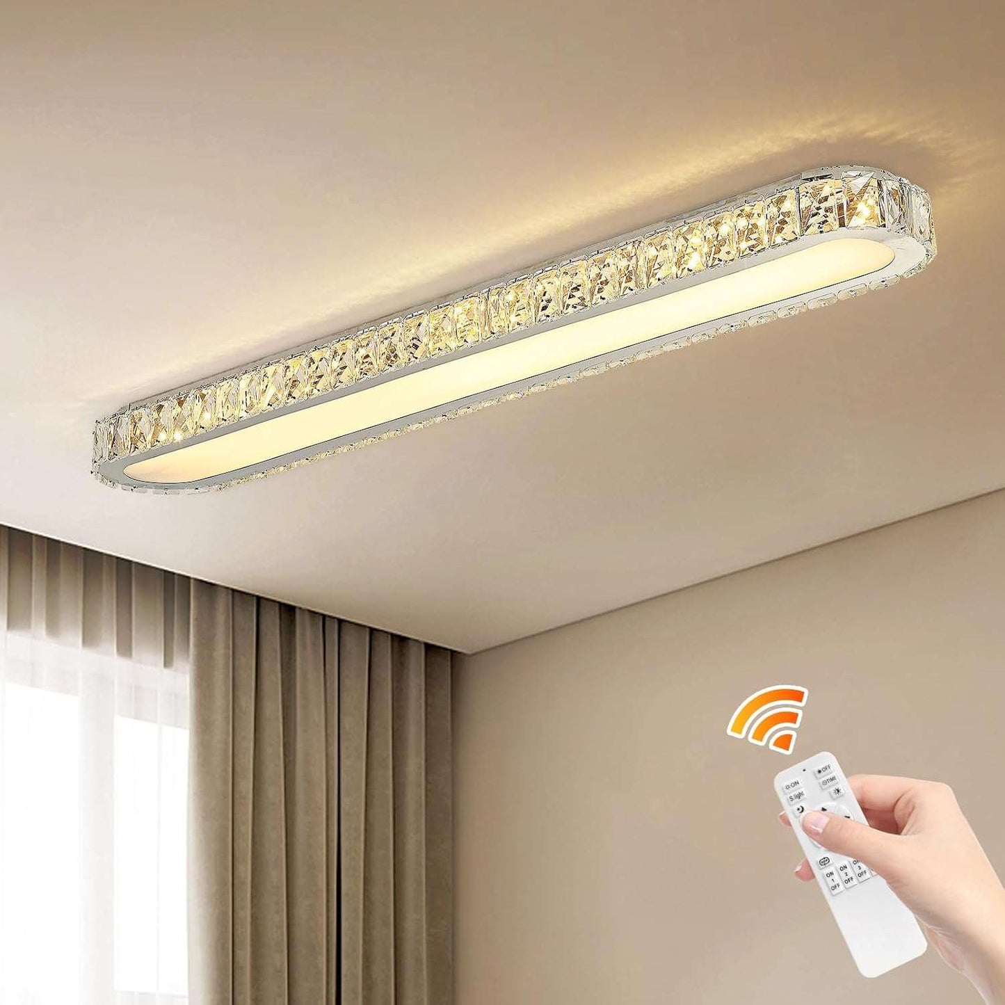 Qcyuui Linear Ceiling Light Modern LED Ceiling Lamp Dimmable Acrylic Ceiling Lighting Fixture with Remote Control for Kitchen Dining Room Cloakroom Hallway(48W/43.3In L) Dimm 48W 39.4In Crystal