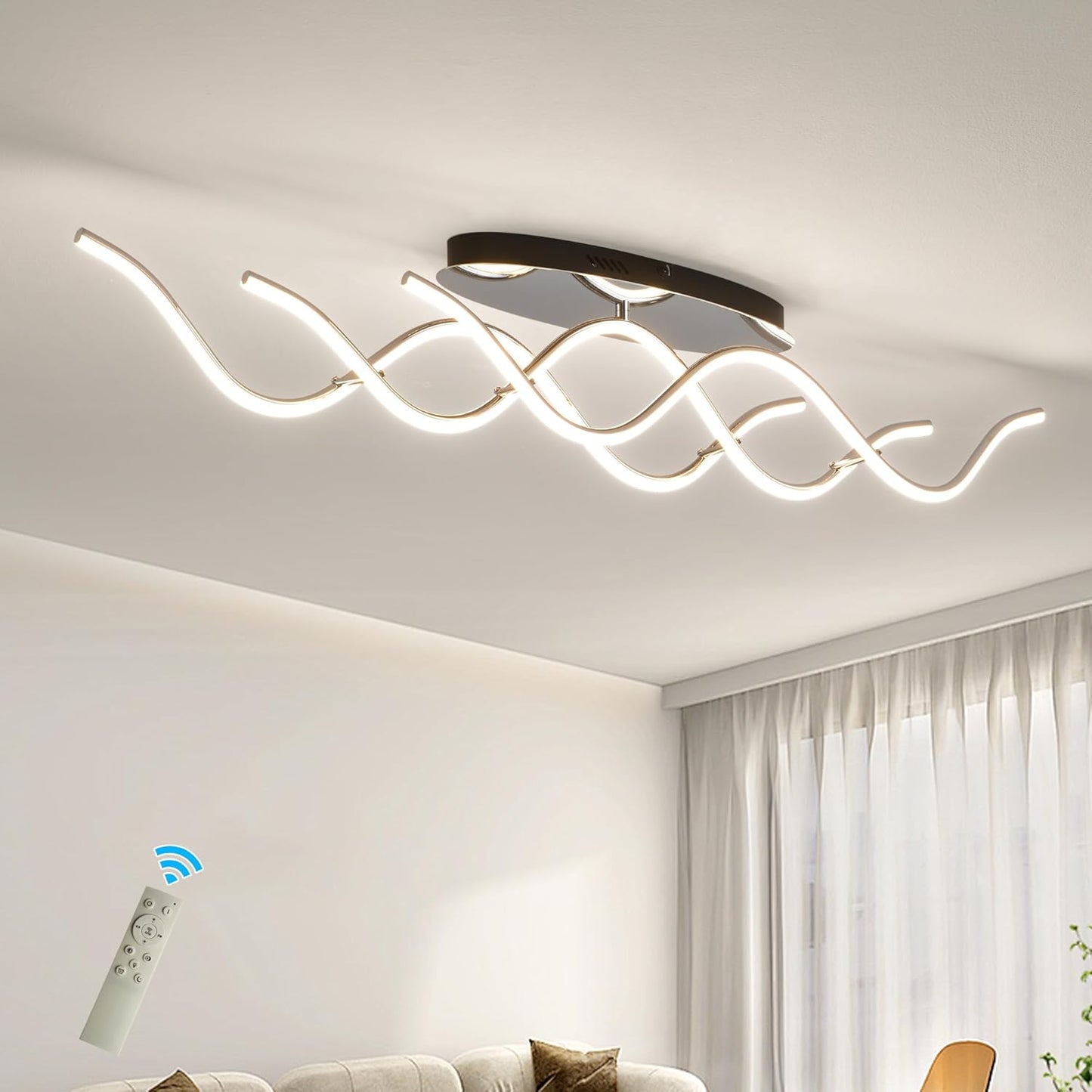 Qcyuui Linear Ceiling Light Modern LED Ceiling Lamp Dimmable Acrylic Ceiling Lighting Fixture with Remote Control for Kitchen Dining Room Cloakroom Hallway(48W/43.3In L) Chrome Dimm 48W 40.55In