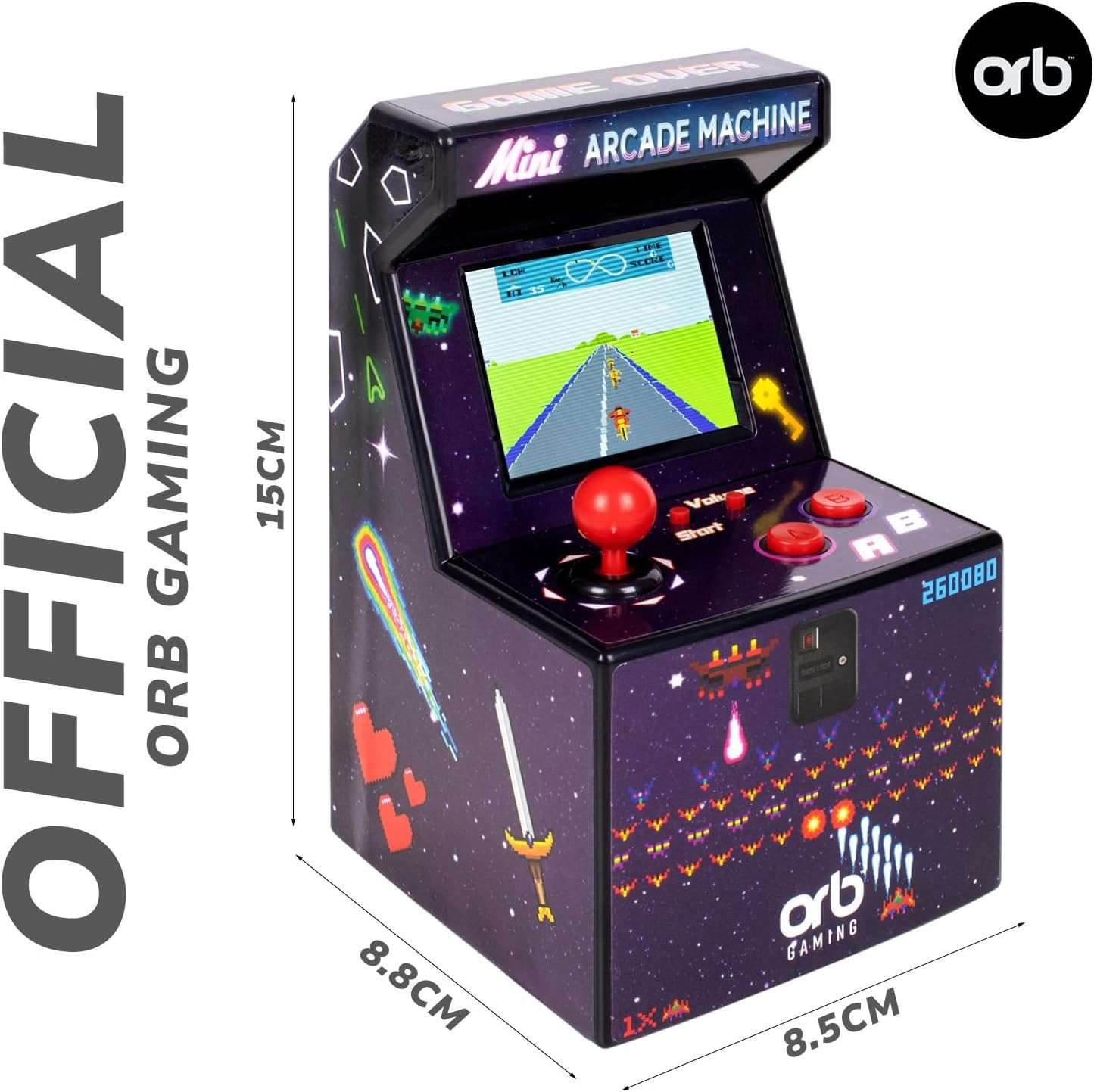 Thumbs up Mini Arcade Machine, 240 In-Built Games, 8-Bit Retro Arcade Games, 2.5” Full Colour Screen, 8-Way Joystick, 2 Buttons, Volume Control