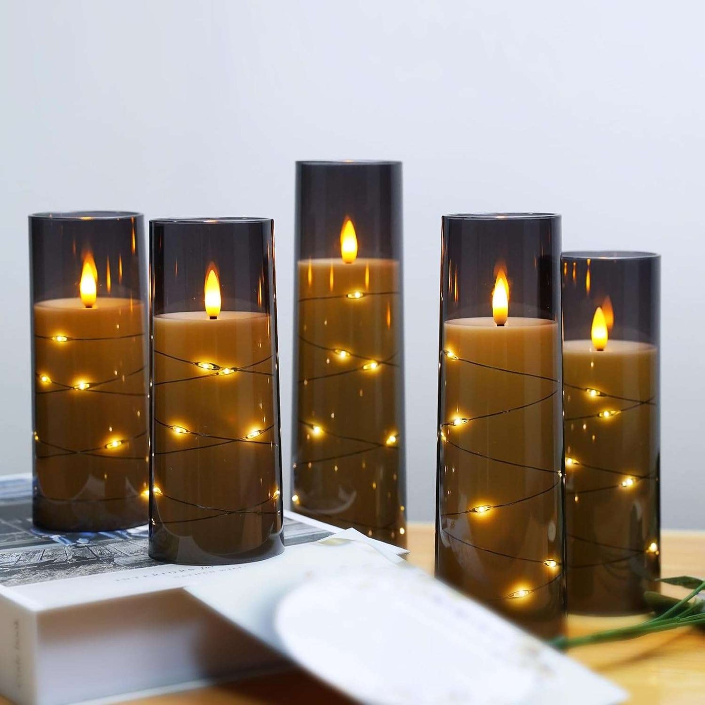 Flameless LED Candles with Timer 5 Pc Flickering Flameless Candles for Romantic Ambiance and Home Decoration Stable Acrylic Shell,With Embedded Star String,Battery Operated Candles(Grey)