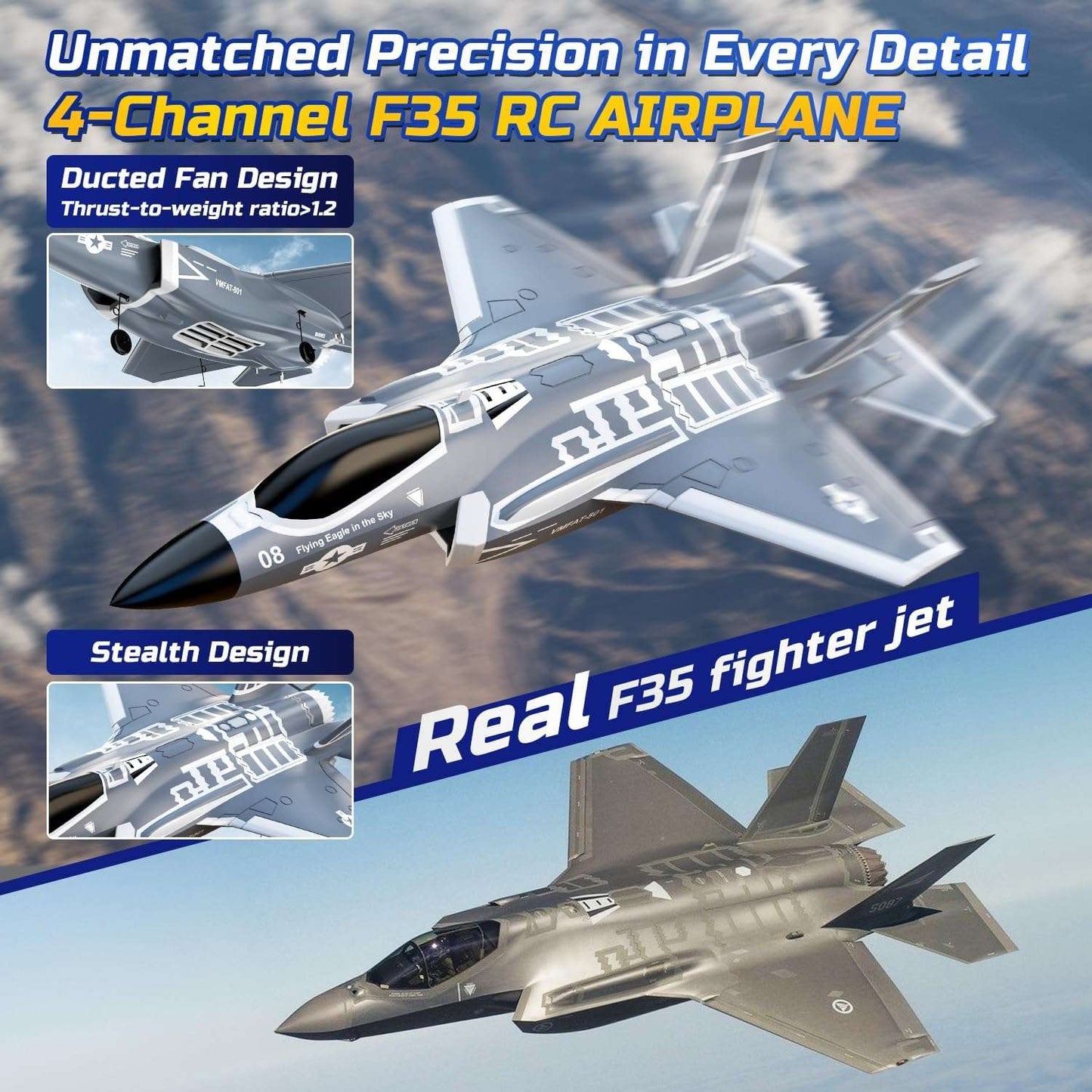DEERC F35 4 Channel Brushless RC Plane for Adults Remote Control Airplane Ducted Fans Fighter Jet,2.4Ghz 6-Axis Gyro Stabilizer RTF Hobby Glider Aircraft Plane Easy to Fly for Advance Player