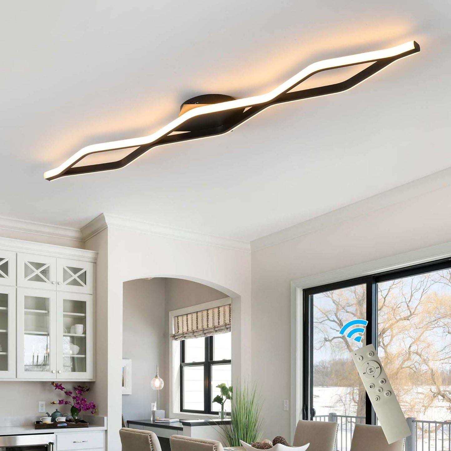 Qcyuui Linear Ceiling Light Modern LED Ceiling Lamp Dimmable Acrylic Ceiling Lighting Fixture with Remote Control for Kitchen Dining Room Cloakroom Hallway(48W/43.3In L) Black Dimm 24W 46.4In