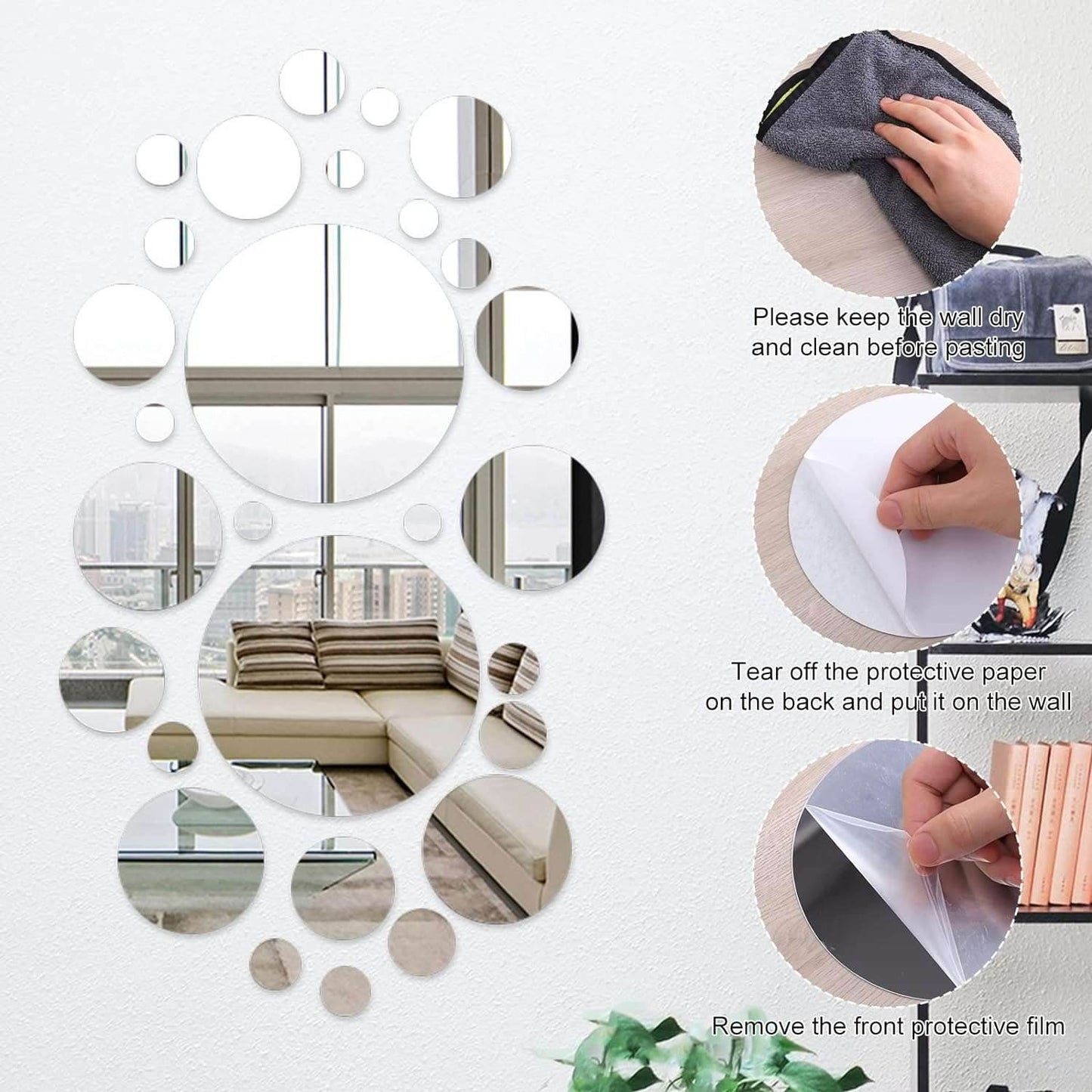 32 Pcs Acrylic Mirror Wall Stickers, Removable Wall Decal Mirror Set, Bathroom Wall Sticker Art, Circle Ceiling Mirrors for Bedroom, Home, Living Room, Sofa TV Background Decor (Small)