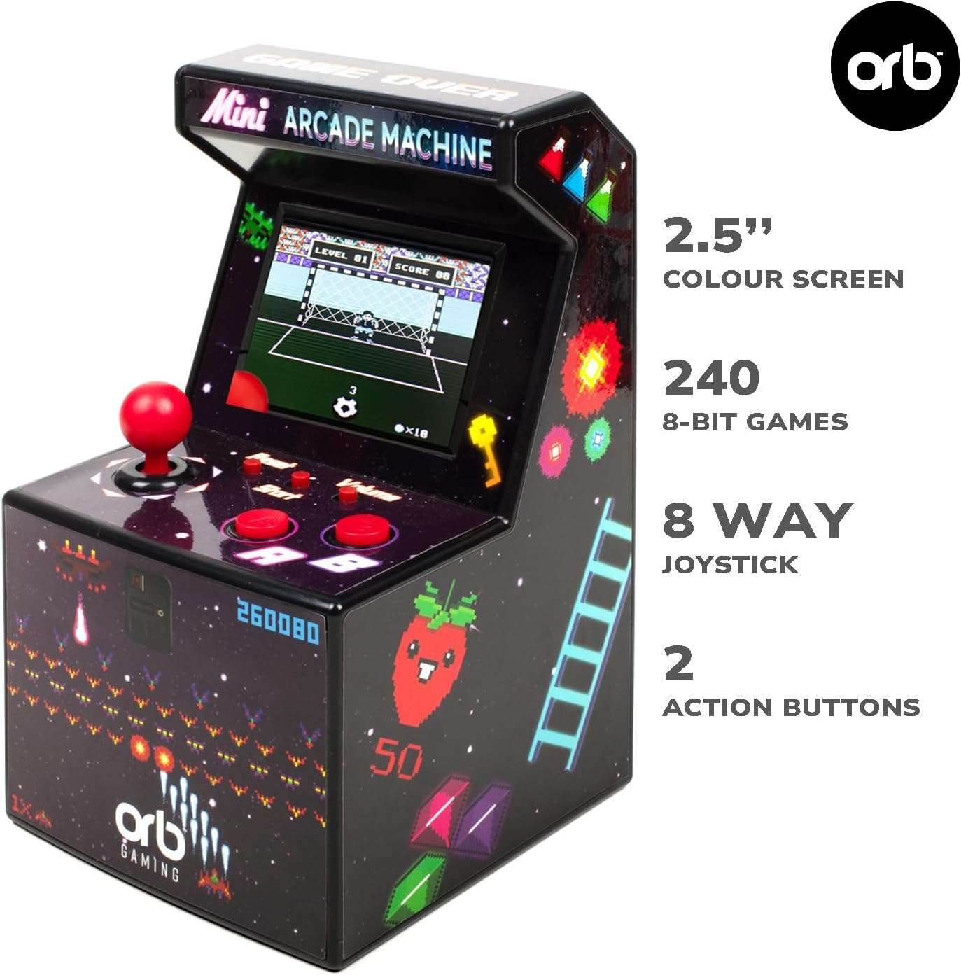 Thumbs up Mini Arcade Machine, 240 In-Built Games, 8-Bit Retro Arcade Games, 2.5” Full Colour Screen, 8-Way Joystick, 2 Buttons, Volume Control