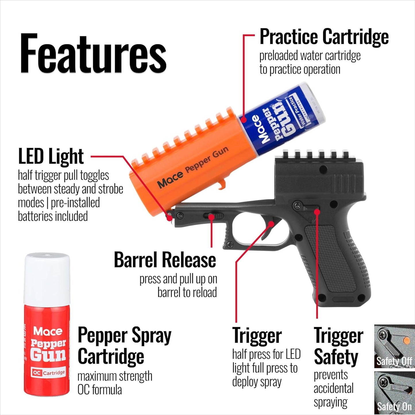 Mace Brand Pepper Gun 2.0 with Pepper Spray & Water Training Cartridge Set, 20 Feet Range, Max Strength 10% OC Formula, Long Lasting UV Dye, LED Strobe, Self Defense Pepper Spray Gun for Women & Men
