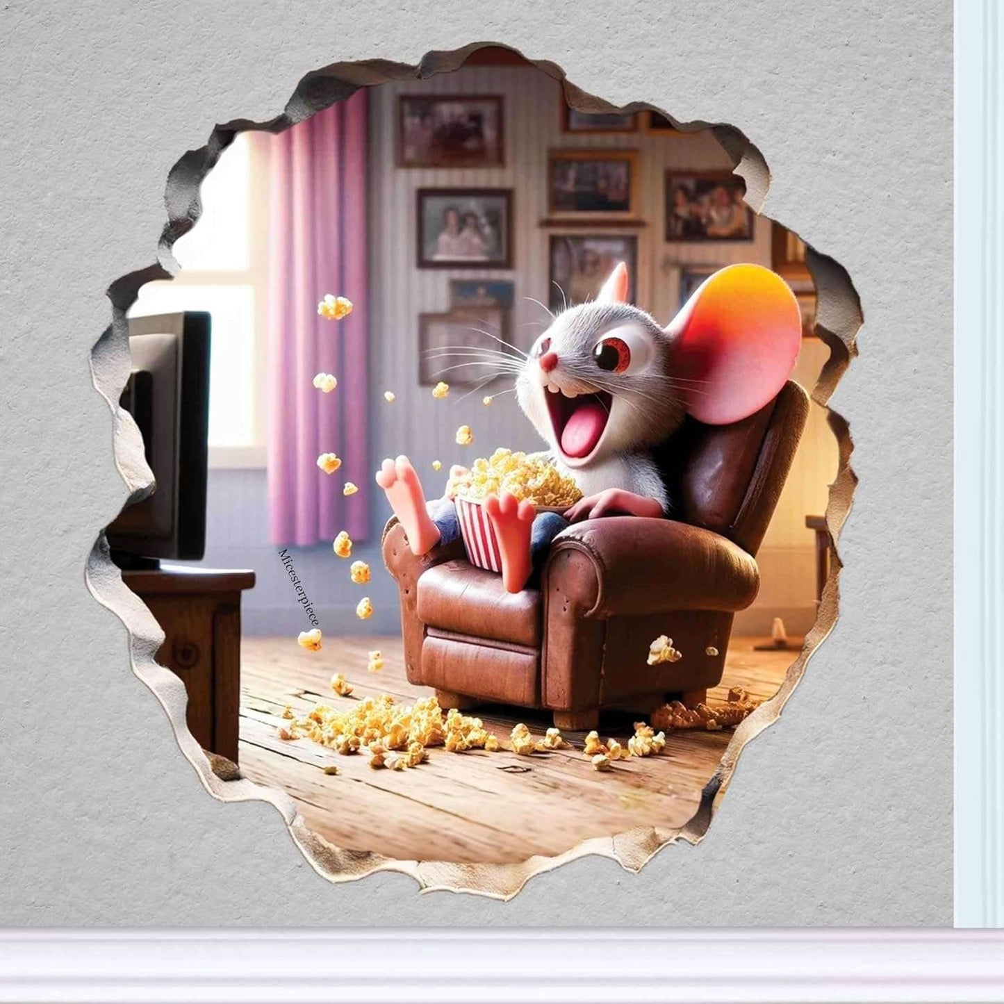 3D Wall Decor Mouse Watching TV in Mouse Hole - Removable Wall Sticker Mural - Kids Room Decor, Fun Home Decor, Unique Gift Idea - Mouse Potato