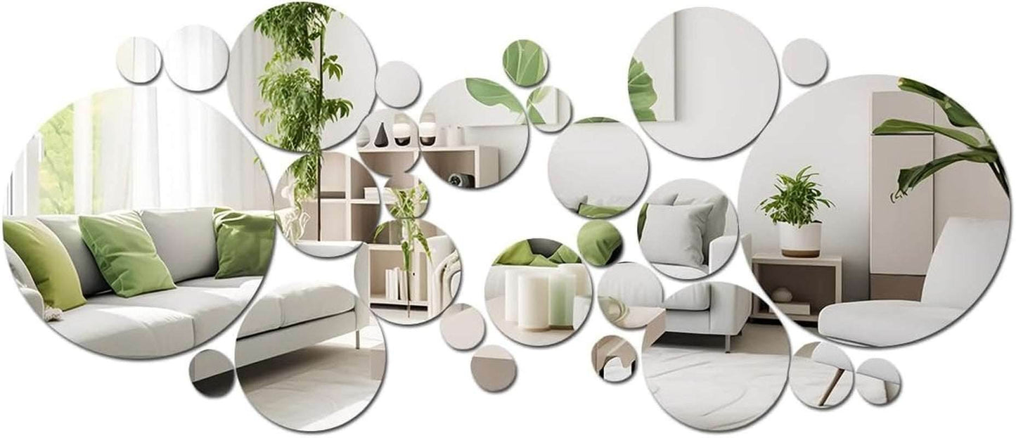 32 Pcs Acrylic Mirror Wall Stickers, Removable Wall Decal Mirror Set, Bathroom Wall Sticker Art, Circle Ceiling Mirrors for Bedroom, Home, Living Room, Sofa TV Background Decor (Small)