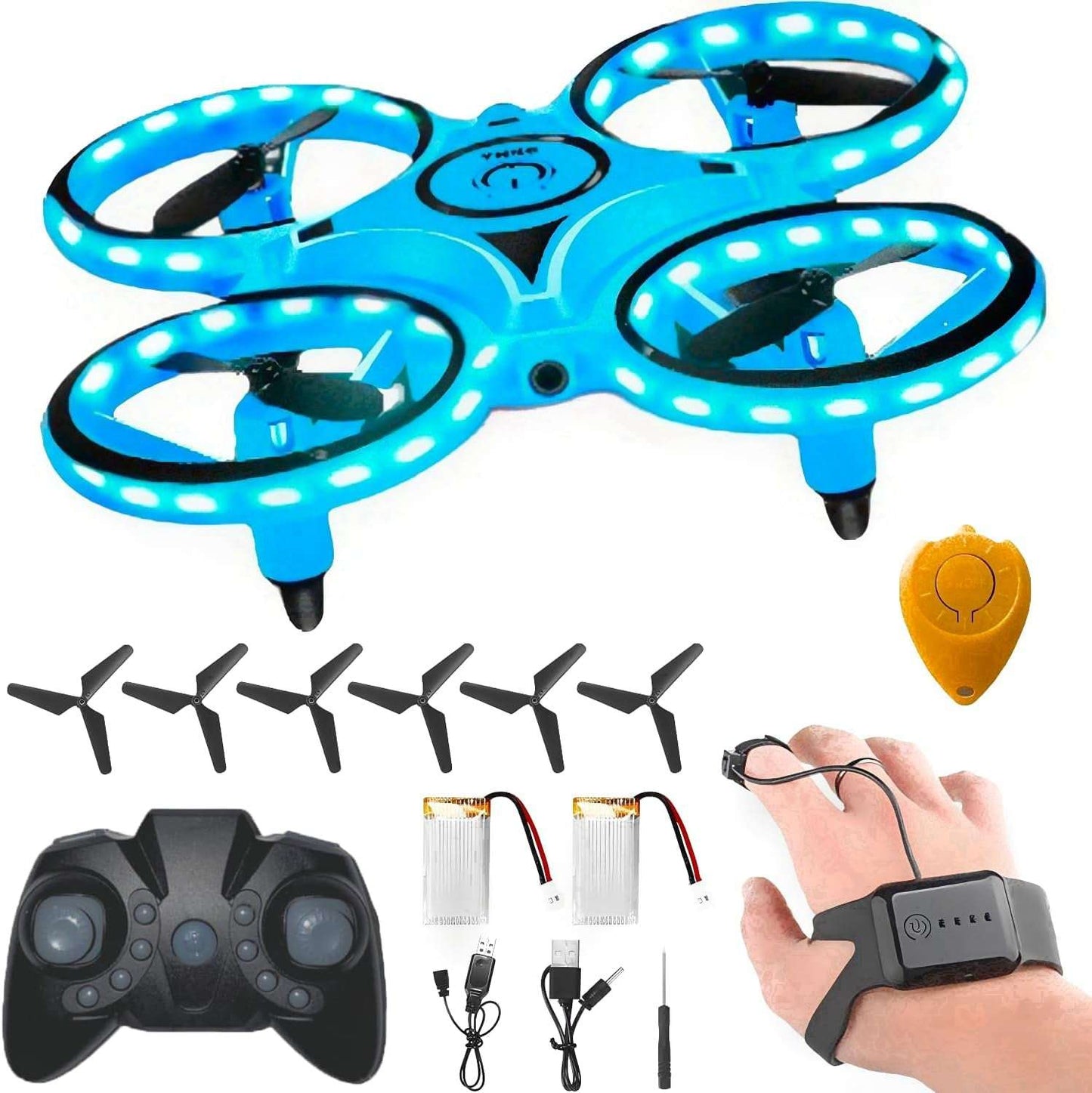 2025 Upgraded Hand Controlled Drone for Kids,Somatosensory Aircraft with Smart Watch Controlled, Gesture Sensing Aircraft Cool LED Remote Control Drone 360° Flips,Quadcopter,Toys Gifts for Boys and Girls 2-Blue Extra Battery And Handle