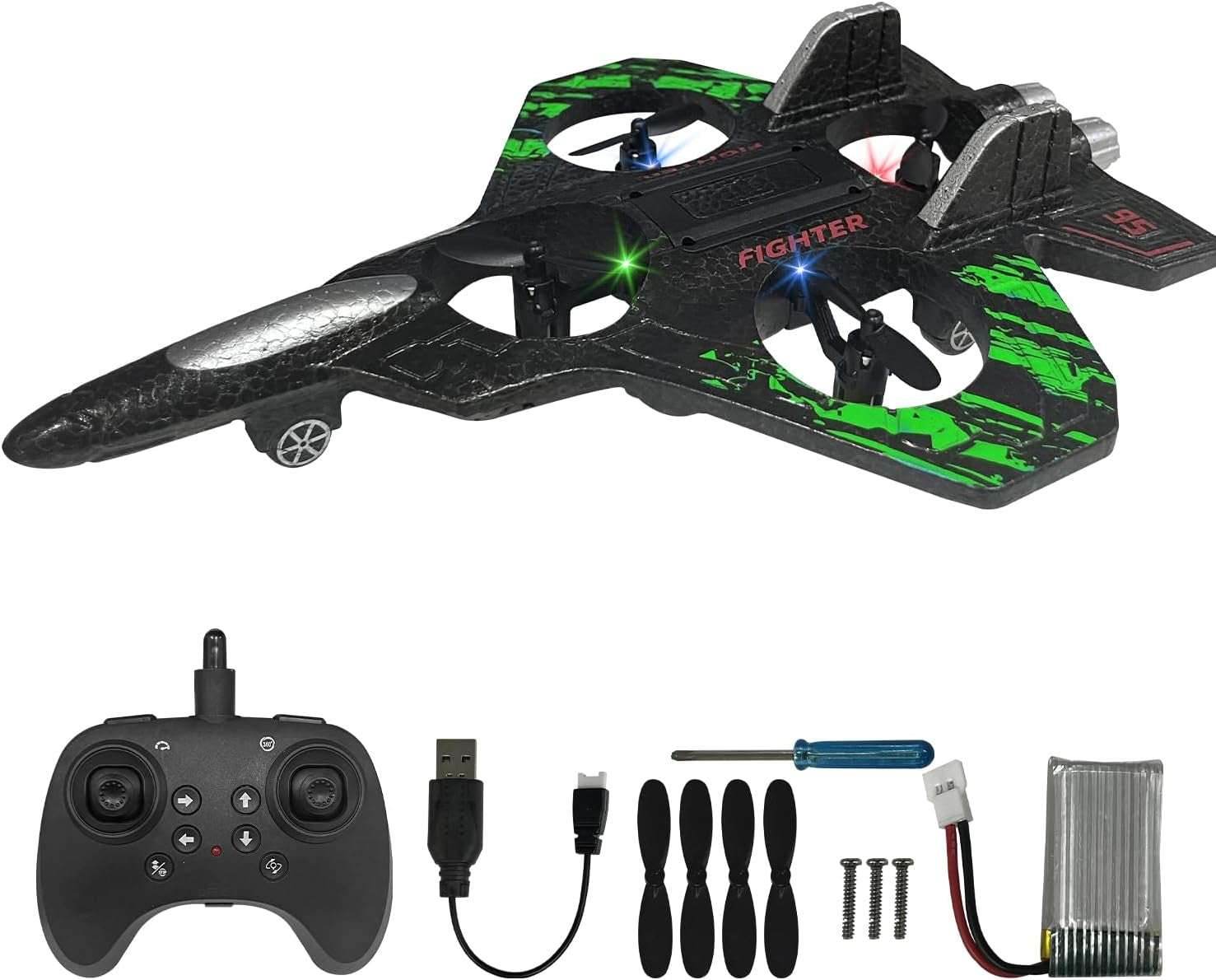 RC Airplane for Kids and Beginners, 2.4Ghz Form Drone Remote Control Airplane Outdoor Flying Toy, 360° Drop-Resistant Stunt Spin Remote Fighter Jet with Lights (Green) Green