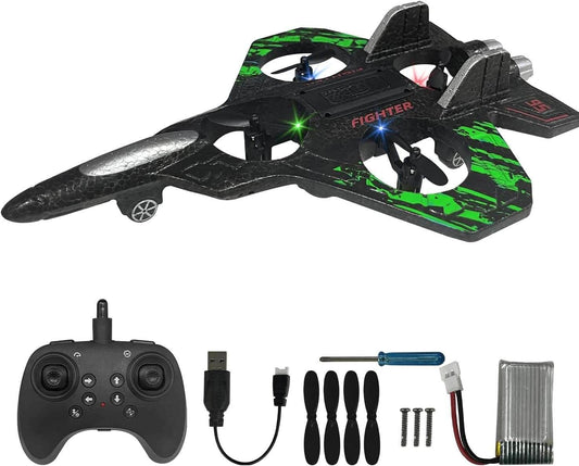 RC Airplane for Kids and Beginners, 2.4Ghz Form Drone Remote Control Airplane Outdoor Flying Toy, 360° Drop-Resistant Stunt Spin Remote Fighter Jet with Lights (Green) Green