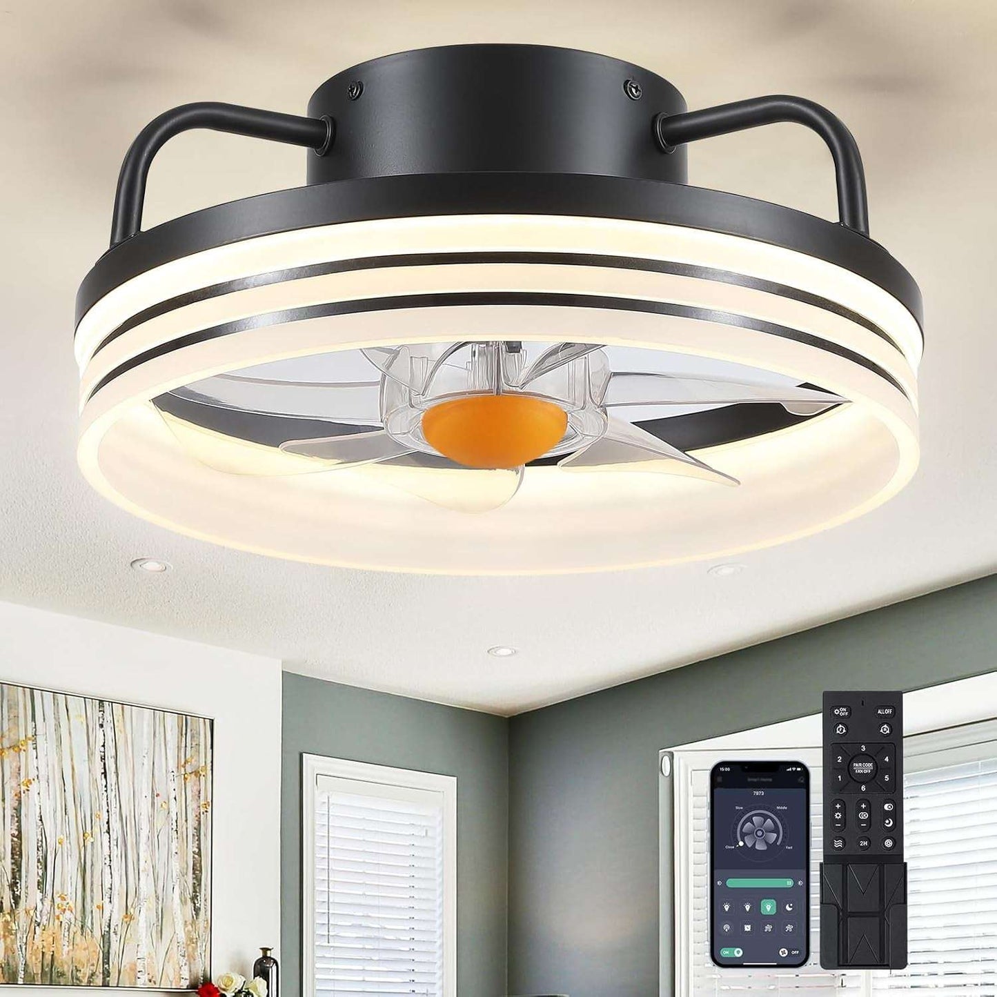Low Profile Ceiling Fan with Light - Modern Flush Mount Ceiling Fan,15" RGB Dimmable LED Enclosed Ceiling Fans,Modern Bladeless LED-RGB Ambient Light for Bedroom Kids Room Party（Black） Black-13" 7873