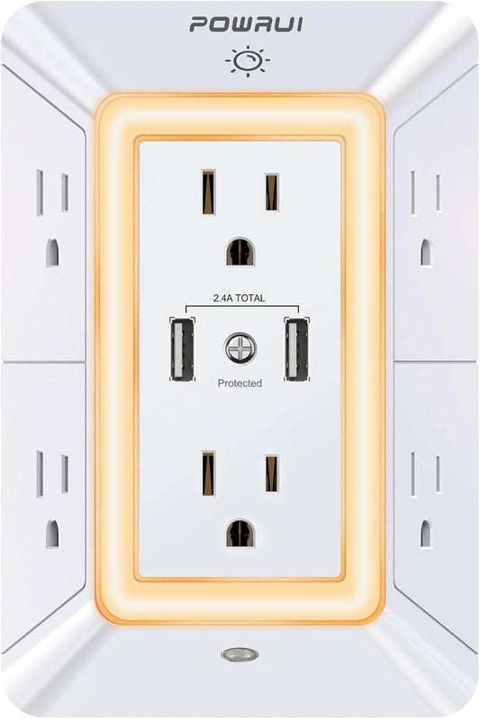 USB Wall Charger, Surge Protector, POWRUI 6-Outlet Extender with 2 USB Charging Ports (2.4A Total) and Night Light, 3-Sided Power Strip with Adapter Spaced Outlets - White，Etl Listed