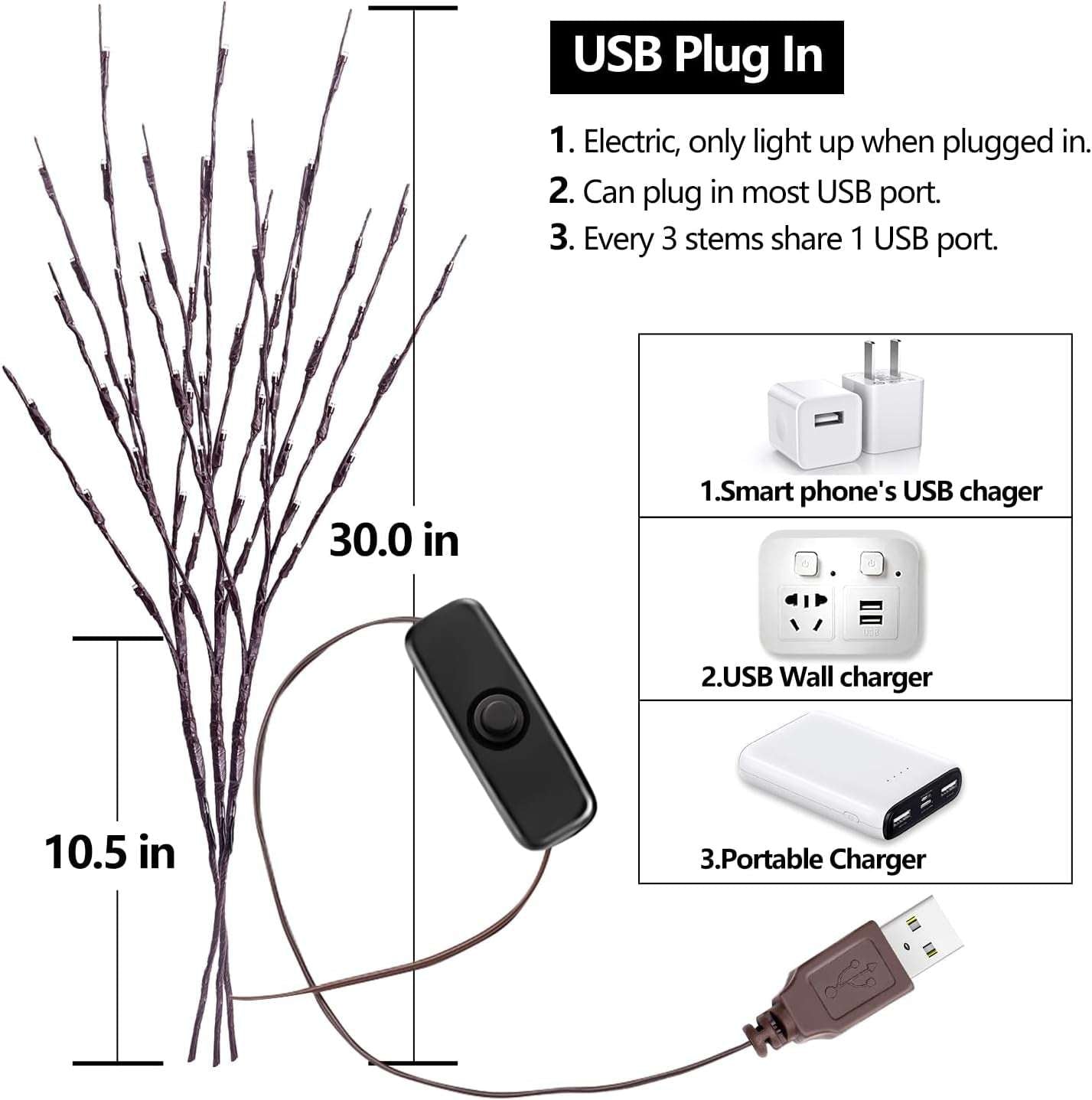 KXCOFTXI 3 Pack Twig Lights, Prelit Branches, USB Plug in Branches Lights with 60 LED Bulbs, Romantic Decorative Iights for Vase, Lighted Tree Branches for Indoor, Plug in Lighted Branches for Party