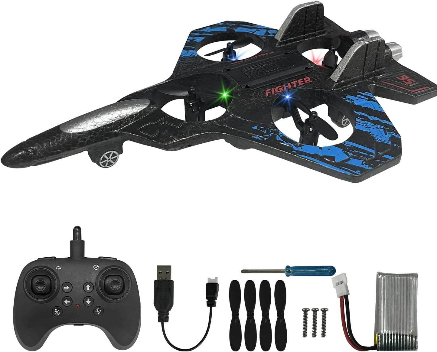 RC Airplane for Kids and Beginners, 2.4Ghz Form Drone Remote Control Airplane Outdoor Flying Toy, 360° Drop-Resistant Stunt Spin Remote Fighter Jet with Lights (Green) Blue