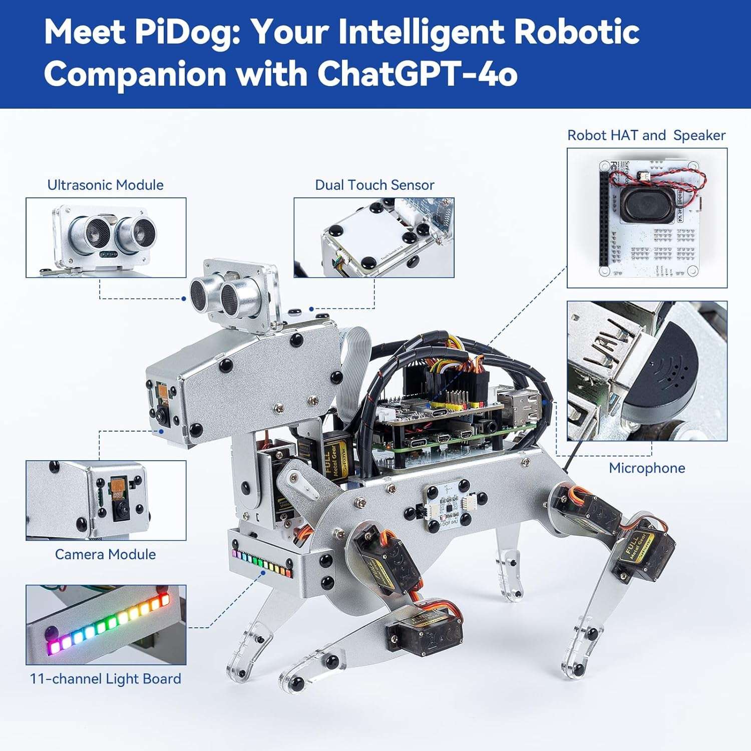 Sunfounder Pidog AI Robot Dog Kit for Raspberry Pi 4/3B+/3B/Zero 2W, Chatgpt-4O Enabled with Voice Command & Video Recognition, App Control, FPV, 12 Servos, Gyroscope, Camera, Mic (RPI NOT Included)