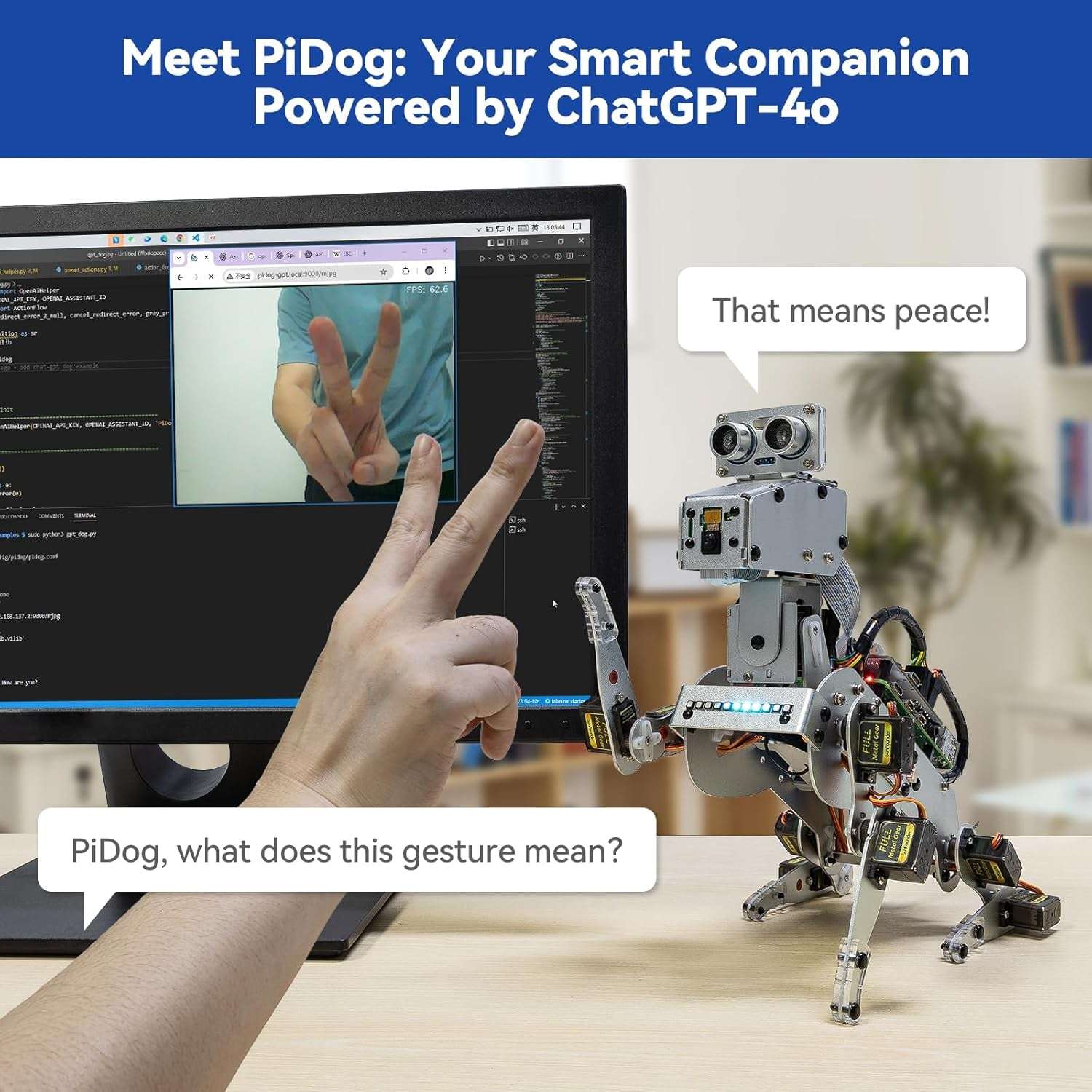 Sunfounder Pidog AI Robot Dog Kit for Raspberry Pi 4/3B+/3B/Zero 2W, Chatgpt-4O Enabled with Voice Command & Video Recognition, App Control, FPV, 12 Servos, Gyroscope, Camera, Mic (RPI NOT Included)