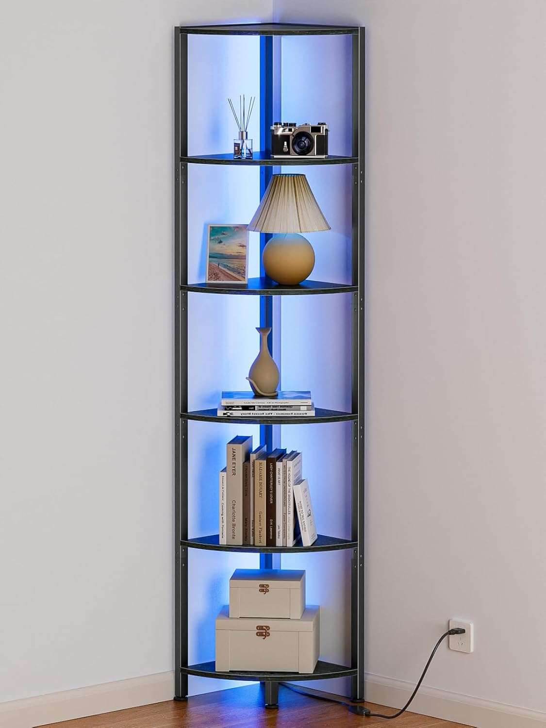 Furnulem 6 Tier Corner Shelf with LED Light, 67.5” Tall Standing Shelf Organizer Black Oak 6 Tier