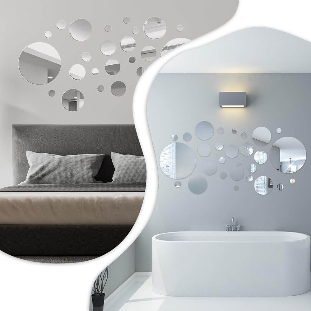 32 Pcs Acrylic Mirror Wall Stickers, Removable Wall Decal Mirror Set, Bathroom Wall Sticker Art, Circle Ceiling Mirrors for Bedroom, Home, Living Room, Sofa TV Background Decor (Small)