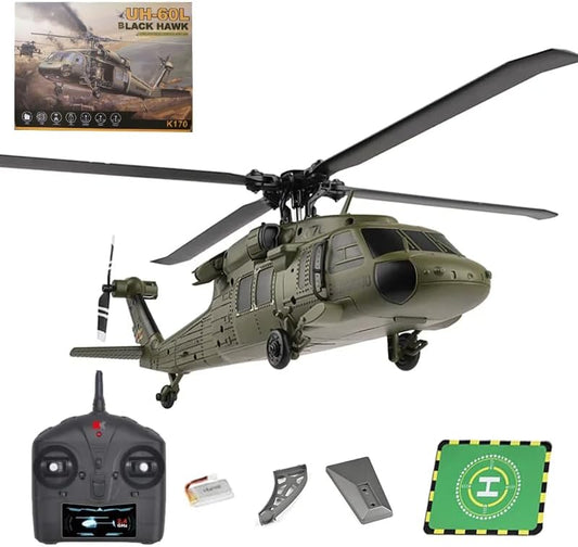 K170 UH60L RC Helicopter with 6-Axis Gyro, 2.4G 4CH Remote Controlled Helicopter Military Aircraft Brushless Motor 6G Altitude Hovering for Adults Beginners 1 Battery