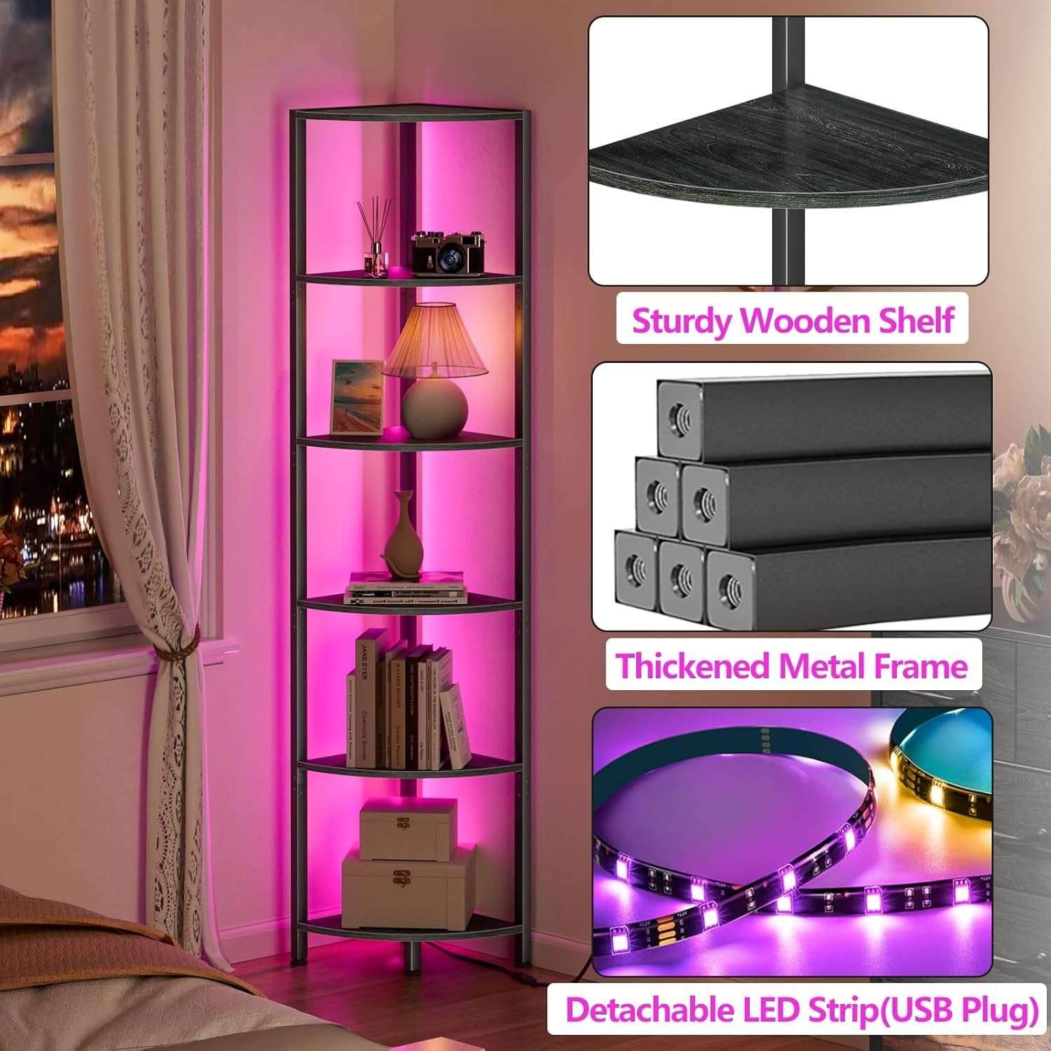 Furnulem 6 Tier Corner Shelf with LED Light, 67.5” Tall Standing Shelf Organizer