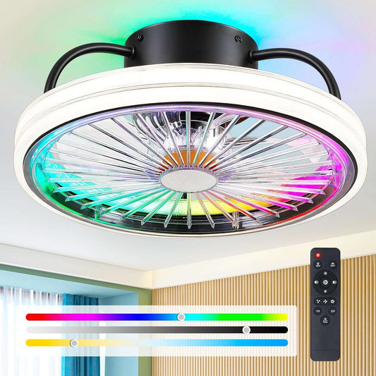 Low Profile Ceiling Fan with Light - Modern Flush Mount Ceiling Fan,15" RGB Dimmable LED Enclosed Ceiling Fans,Modern Bladeless LED-RGB Ambient Light for Bedroom Kids Room Party（Black） Rgb (Red, Green, Blue)
