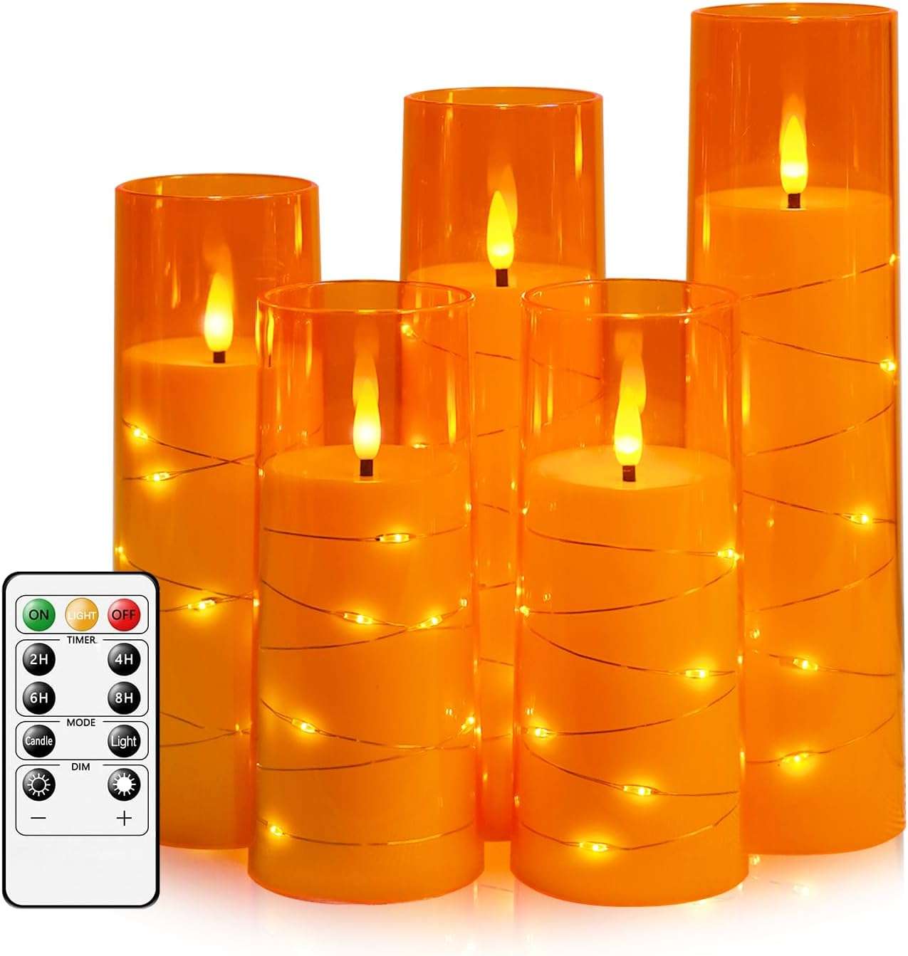 Flameless LED Candles with Timer 5 Pc Flickering Flameless Candles for Romantic Ambiance and Home Decoration Stable Acrylic Shell,With Embedded Star String，Battery Operated Candles（Grey） Orange