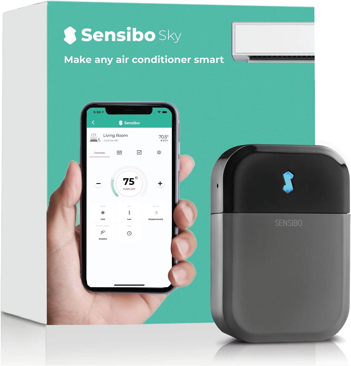 Sensibo Sky, Smart Wireless Air Conditioner Controller. Quick & Easy DIY Installation. Maintains Comfort with Energy Efficient. Automatic Wifi Thermostat Control App. Google, Alexa and Siri Compatible Gray