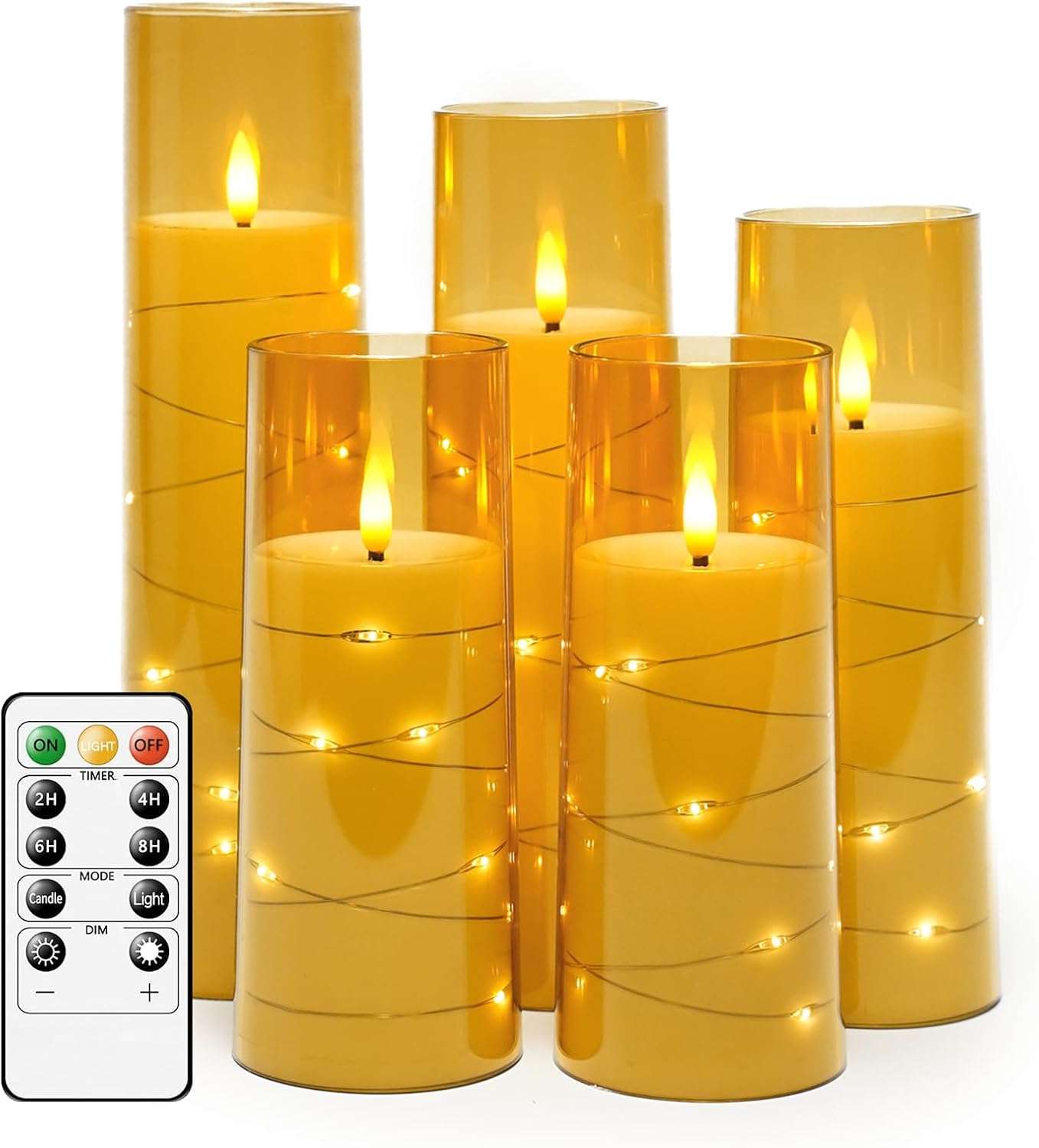 Flameless LED Candles with Timer 5 Pc Flickering Flameless Candles for Romantic Ambiance and Home Decoration Stable Acrylic Shell,With Embedded Star String，Battery Operated Candles（Grey） Gold