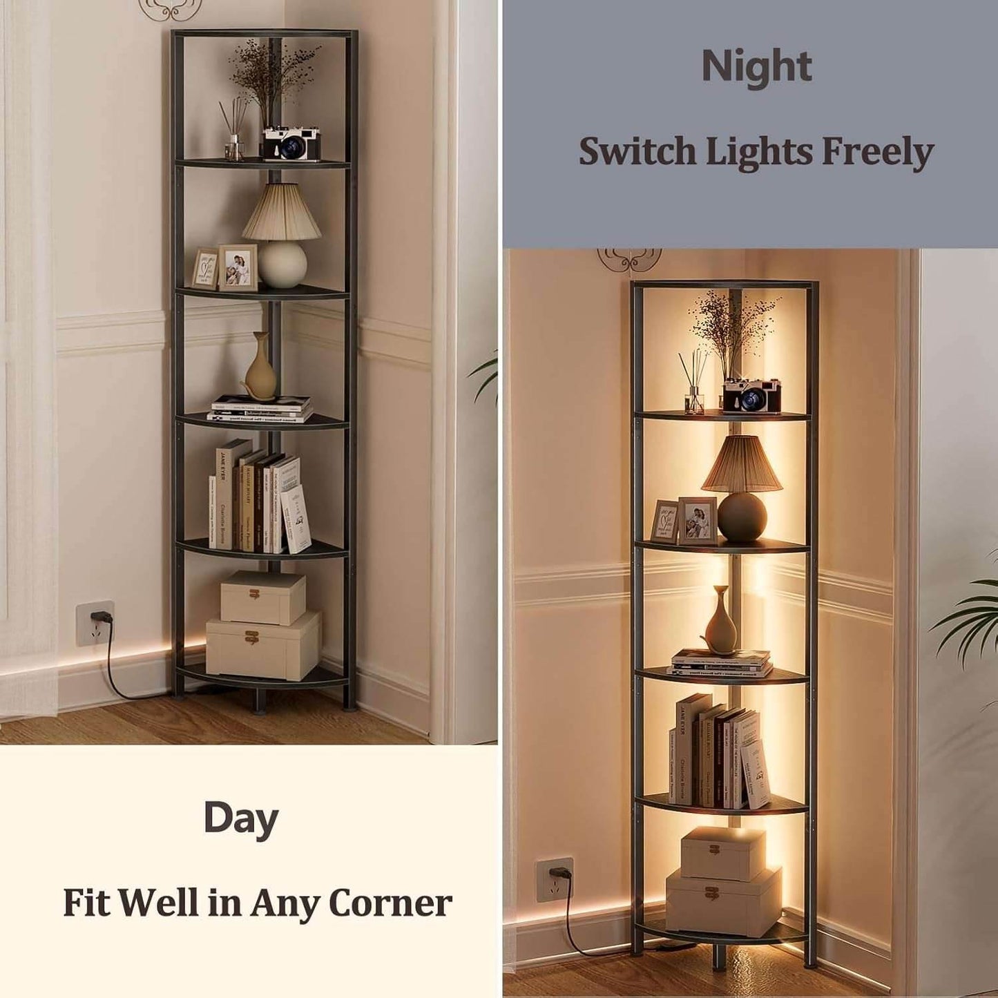Furnulem 6 Tier Corner Shelf with LED Light, 67.5” Tall Standing Shelf Organizer
