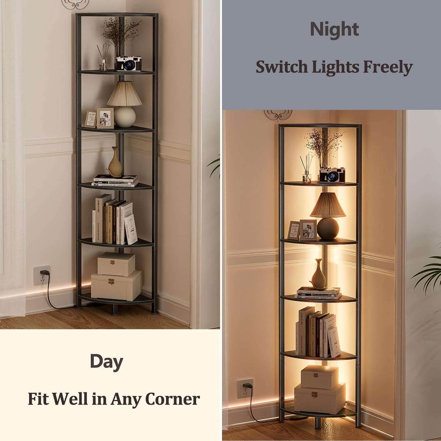 Furnulem 6 Tier Corner Shelf with LED Light, 67.5” Tall Standing Shelf Organizer