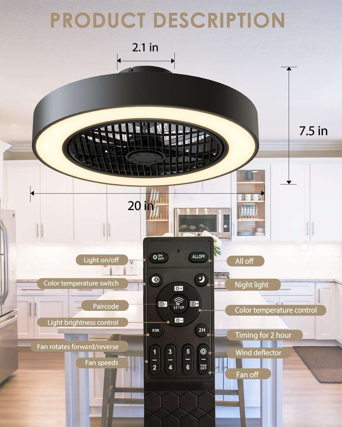 Enclosed Ceiling Fan with Lights, 20" Low Profile Fan Light LED Remote Control Dimming 6-Level Wind Speed, Flush Mount Ceiling Light with Fan Reversible Blades Hidden Ceiling Fan (Black)