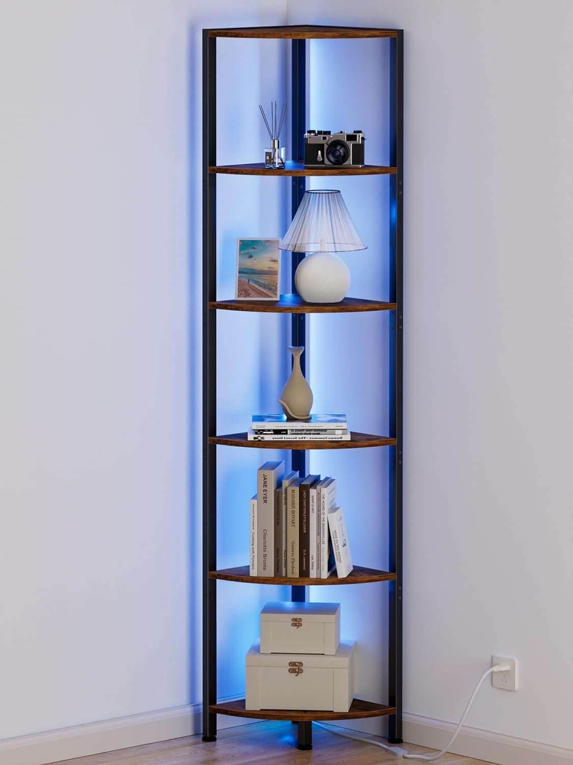 Furnulem 6 Tier Corner Shelf with LED Light, 67.5” Tall Standing Shelf Organizer Rustic Brown 6 Tier